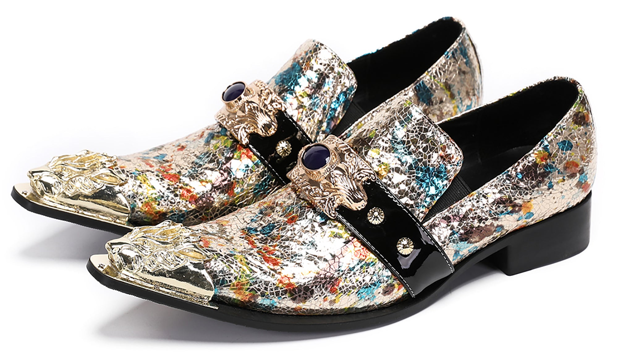 Mens Casual Metal-Tip Toe Gemstone Western Loafers
