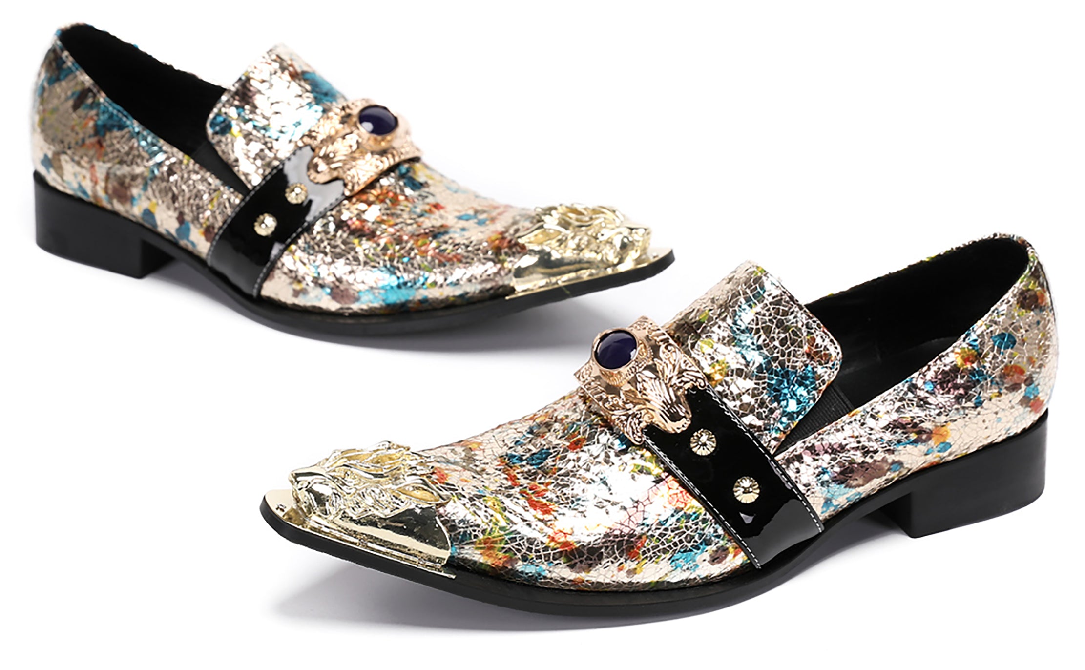 Mens Casual Metal-Tip Toe Gemstone Western Loafers