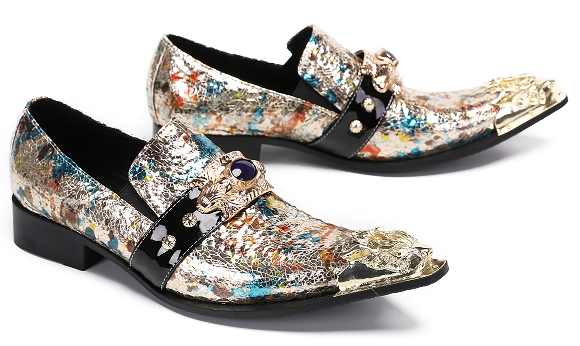 Mens Casual Metal-Tip Toe Gemstone Western Loafers