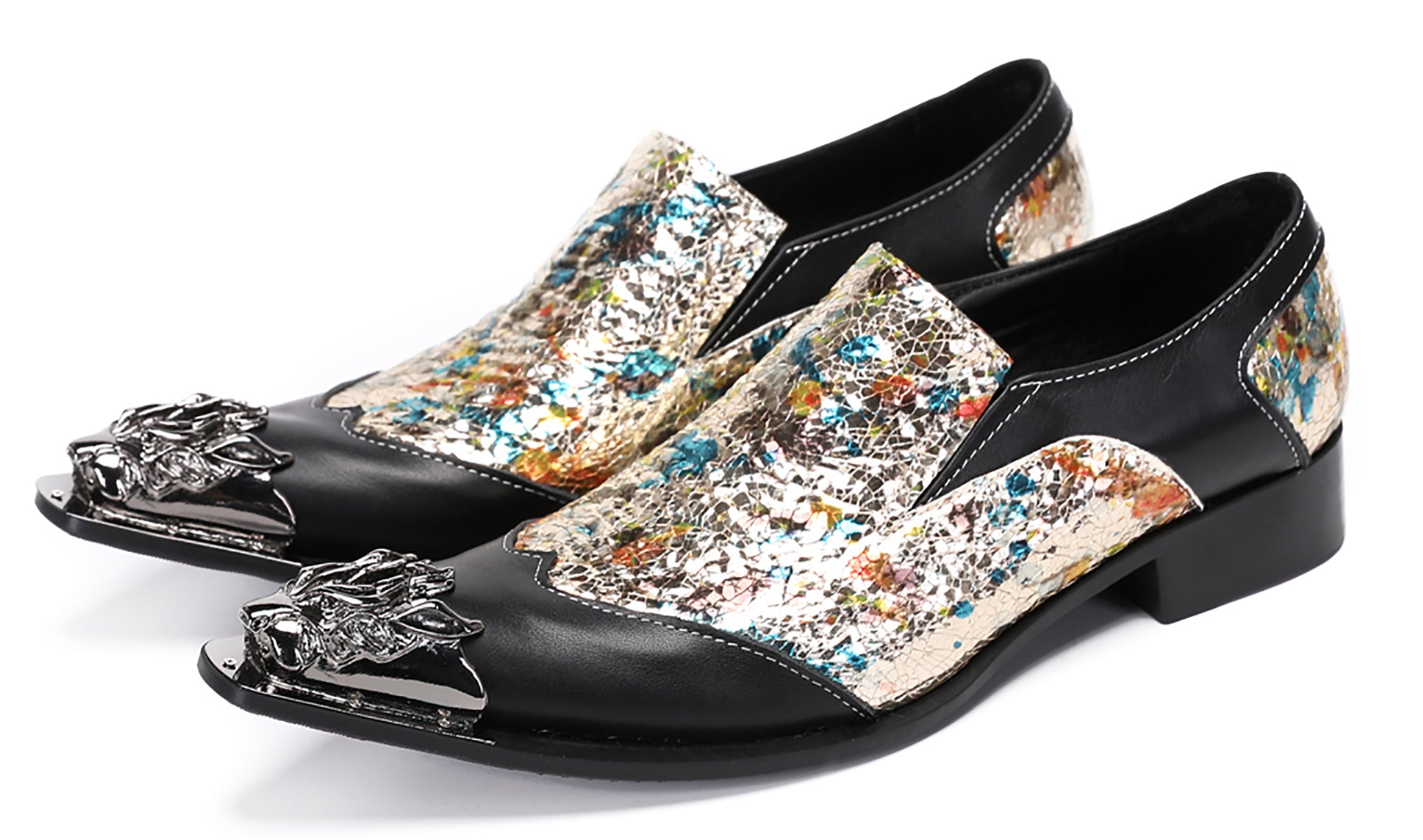 Mens Casual Metal-Tip Toe Gemstone Western Loafers