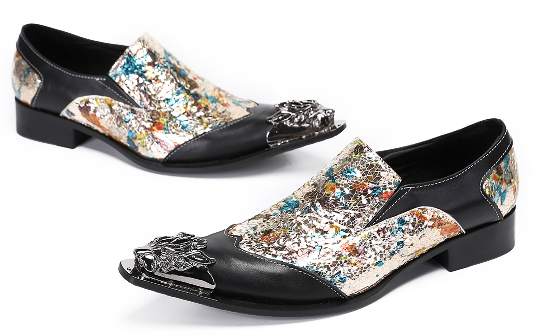Mens Casual Metal-Tip Toe Gemstone Western Loafers