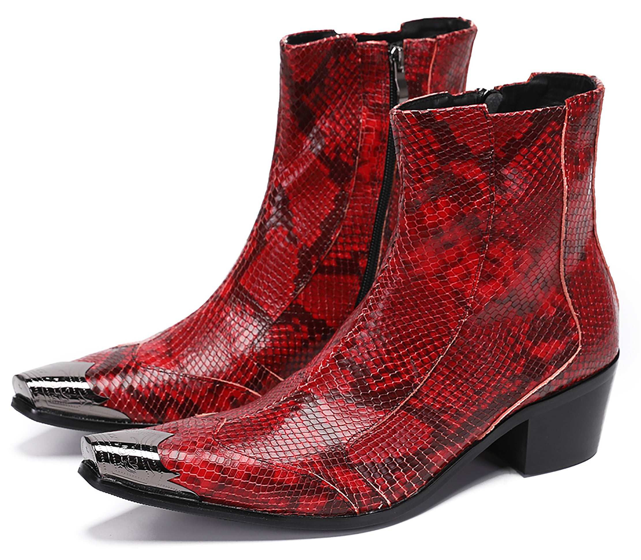 Mens Metal-Tip Toe Western Boots Zipper Ankle Boots
