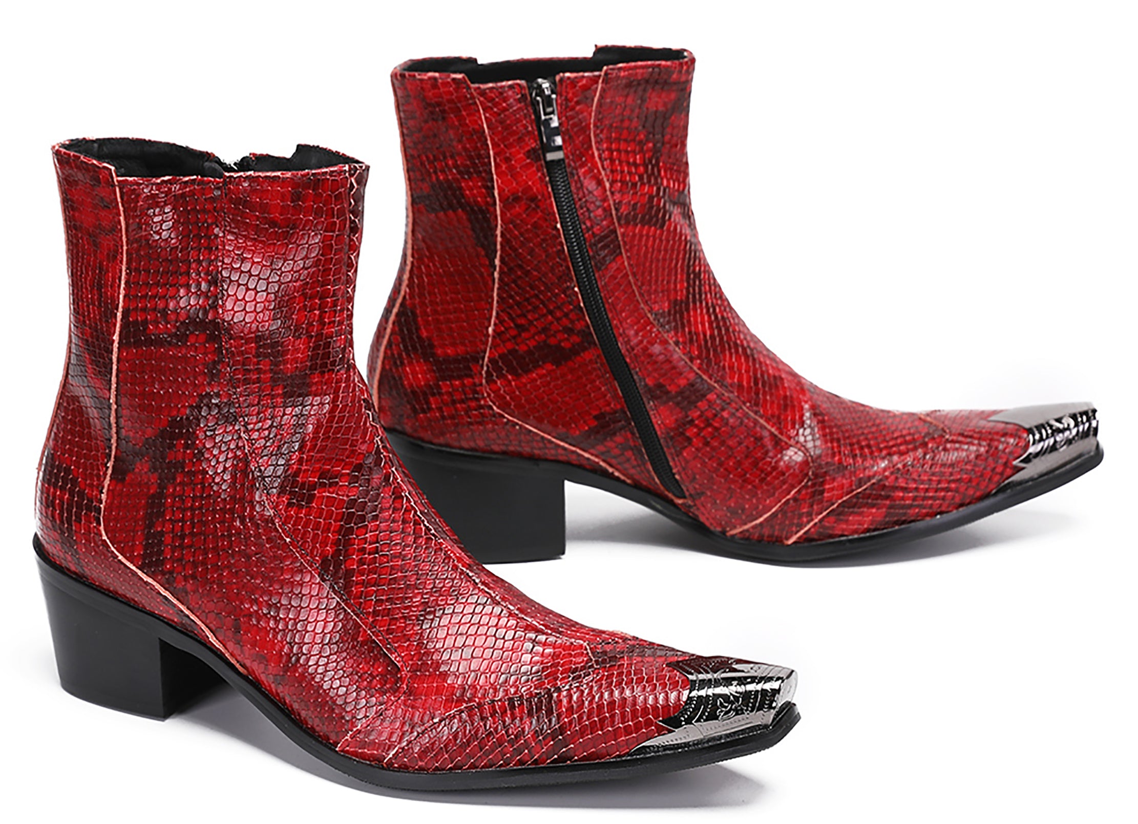 Mens Metal-Tip Toe Western Boots Zipper Ankle Boots