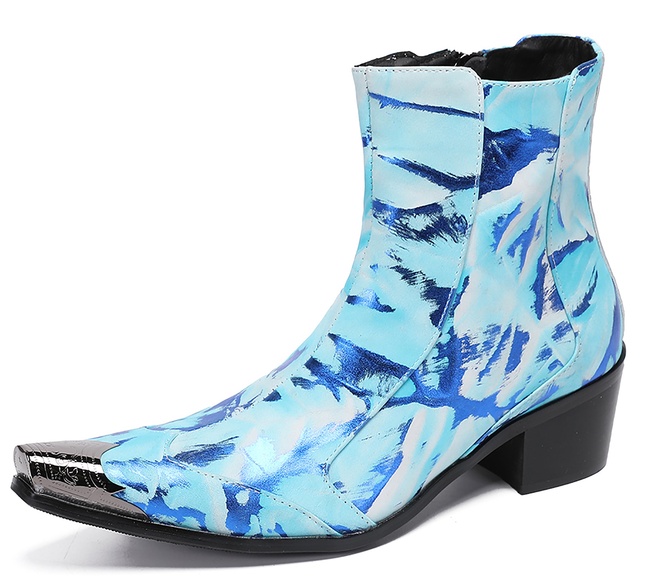 Mens Metal-Tip Toe Western Boots Zipper Ankle Boots