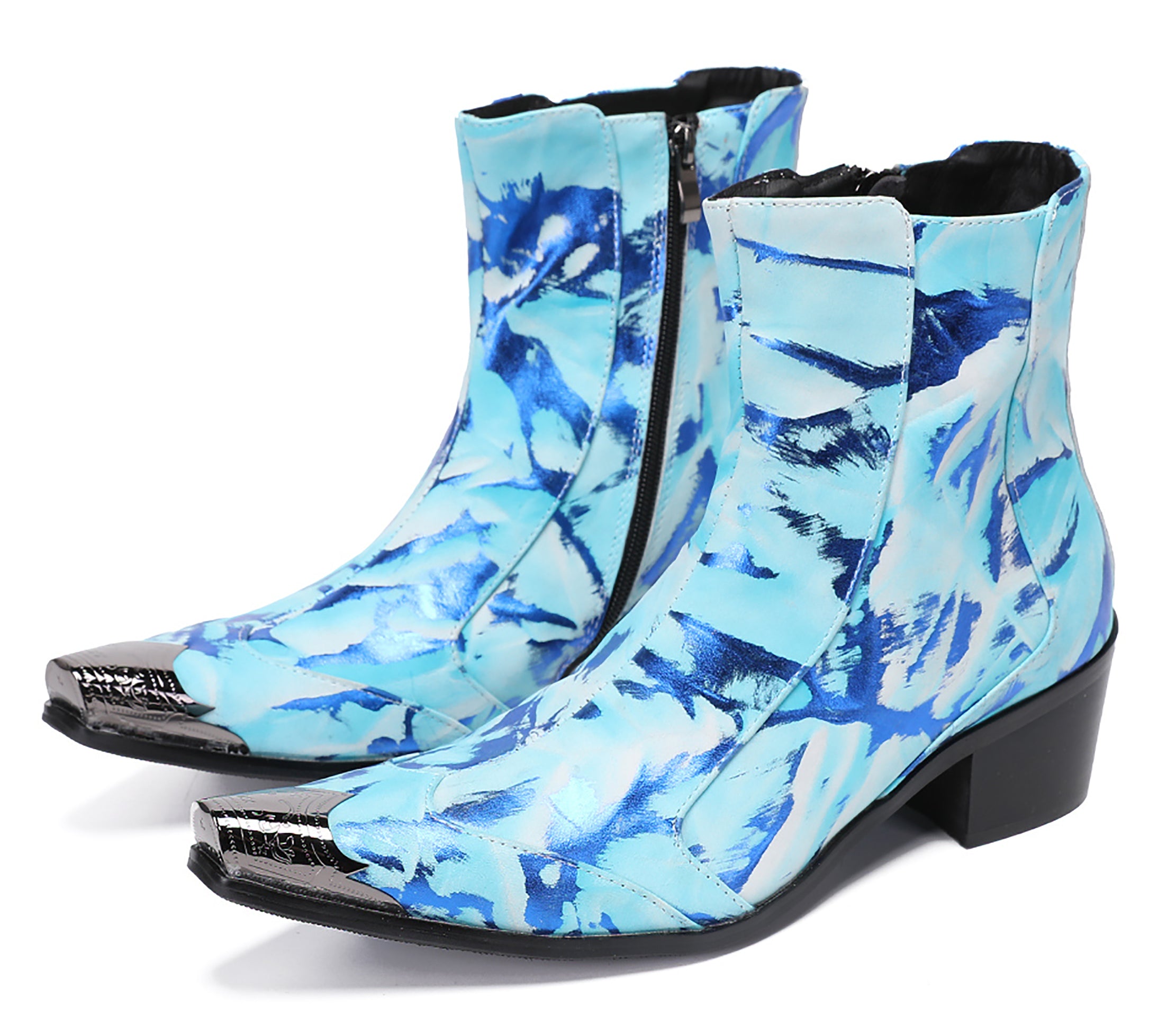 Mens Metal-Tip Toe Western Boots Zipper Ankle Boots