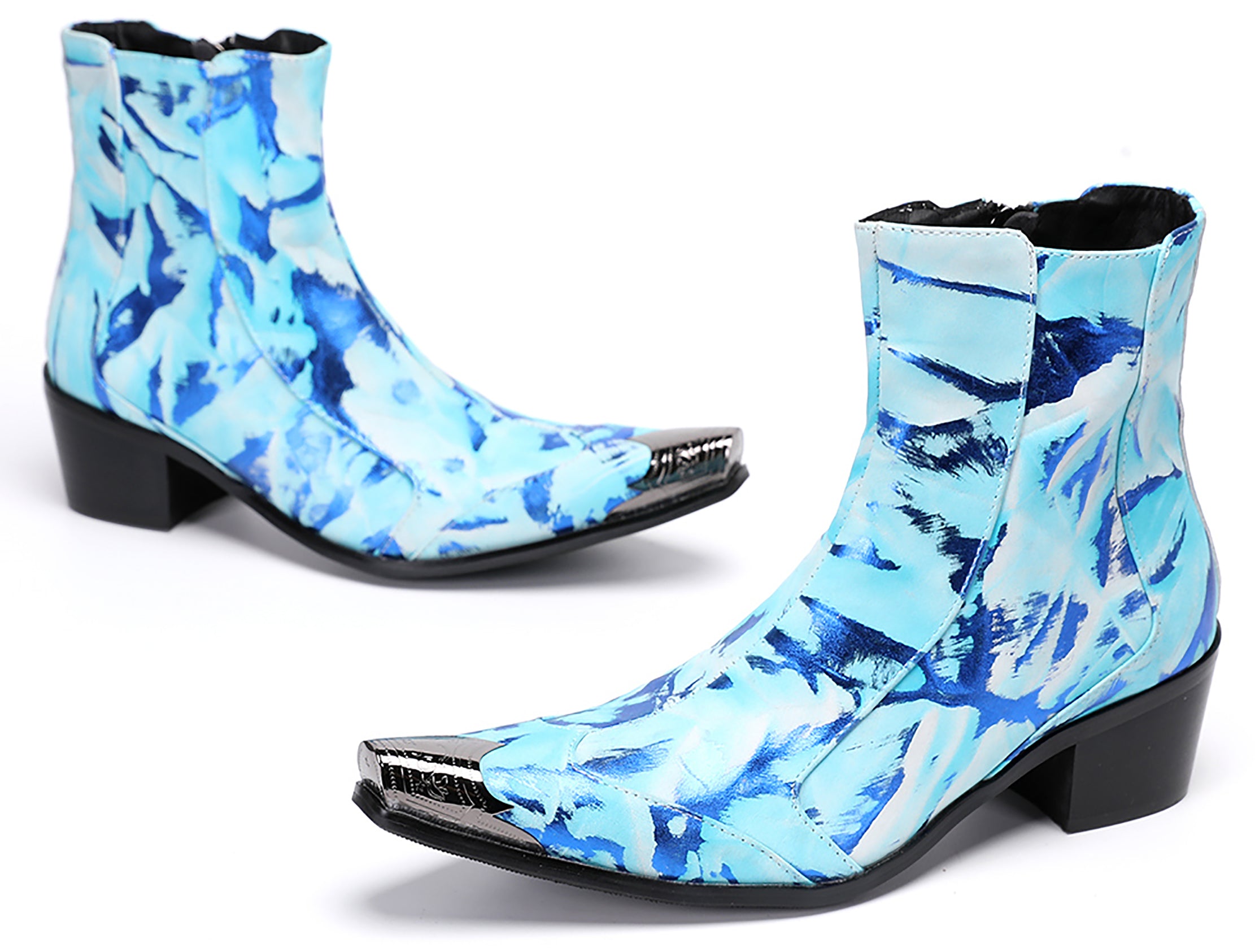 Mens Metal-Tip Toe Western Boots Zipper Ankle Boots