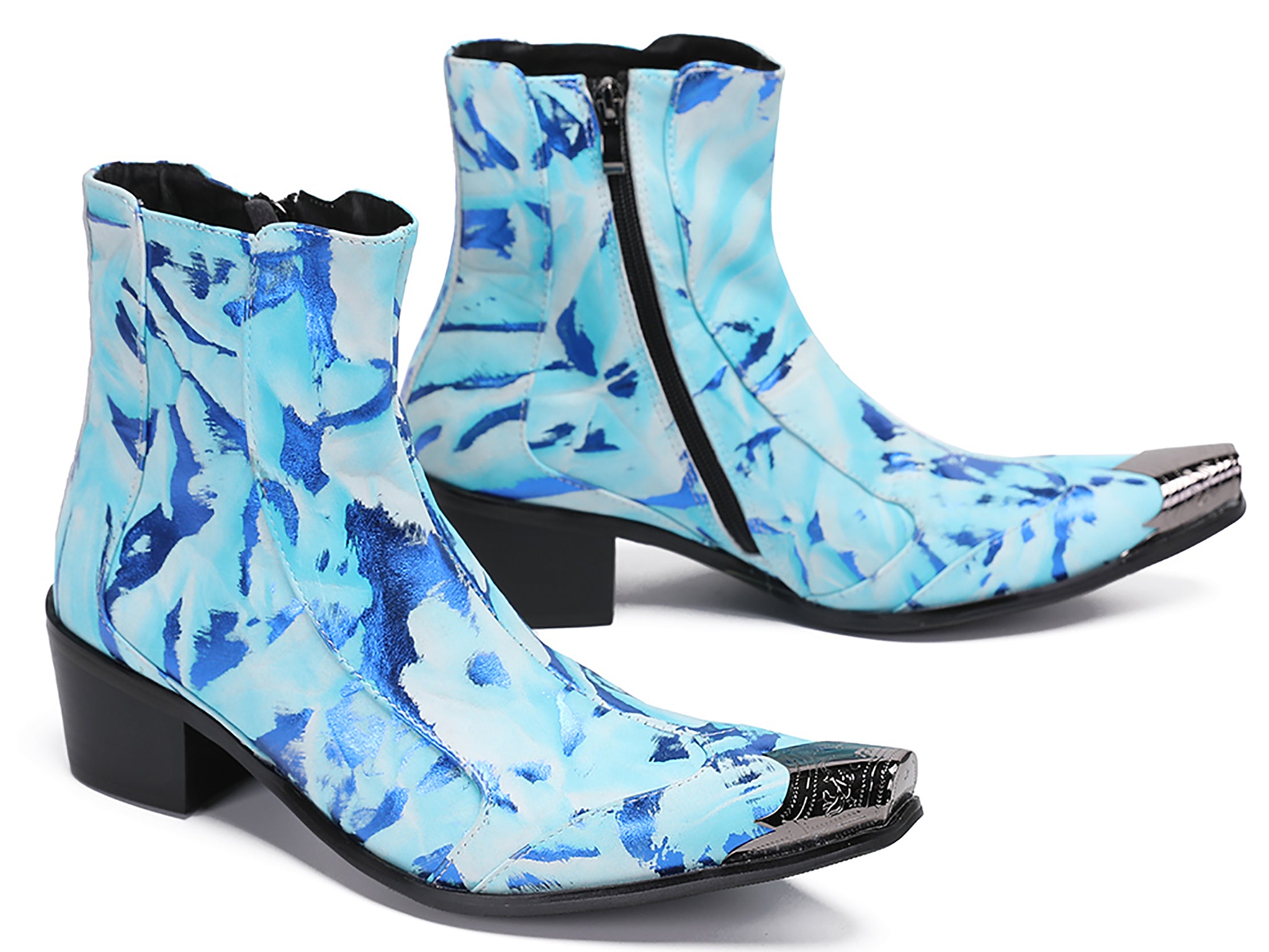 Mens Metal-Tip Toe Western Boots Zipper Ankle Boots