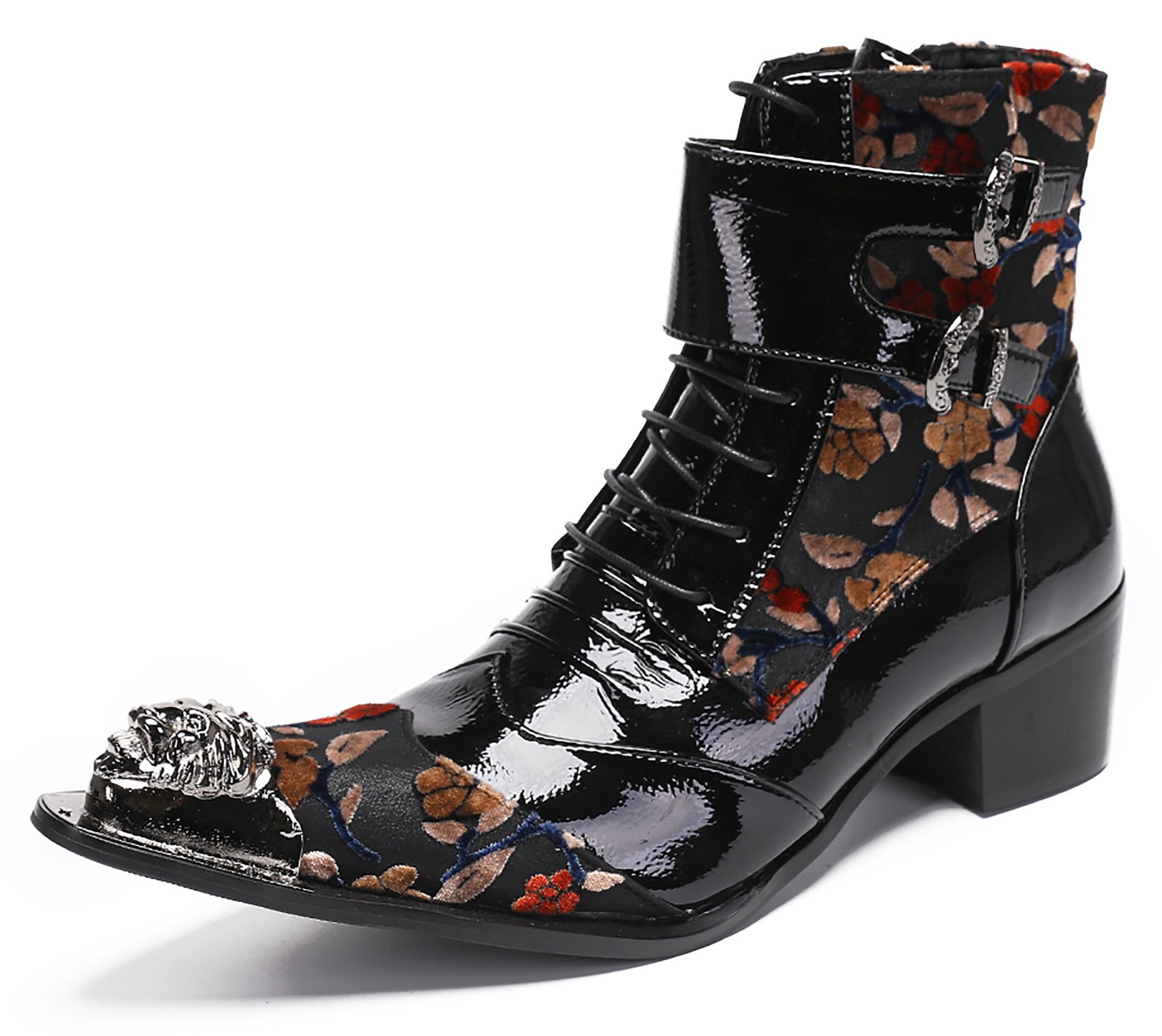 Mens Metal-Tip Toe Patent Leather Western Boots