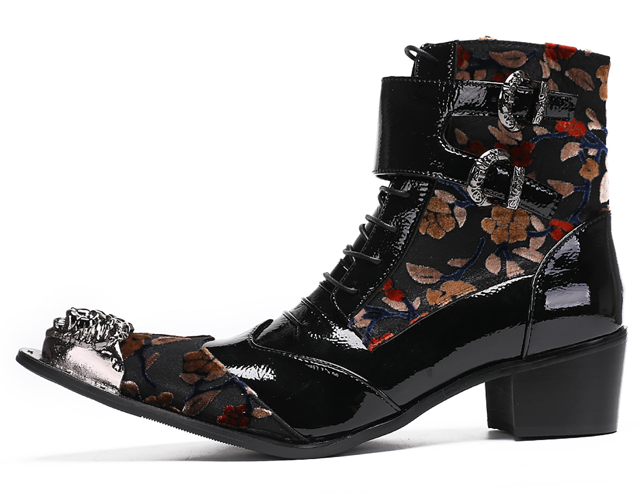 Mens Metal-Tip Toe Patent Leather Western Boots
