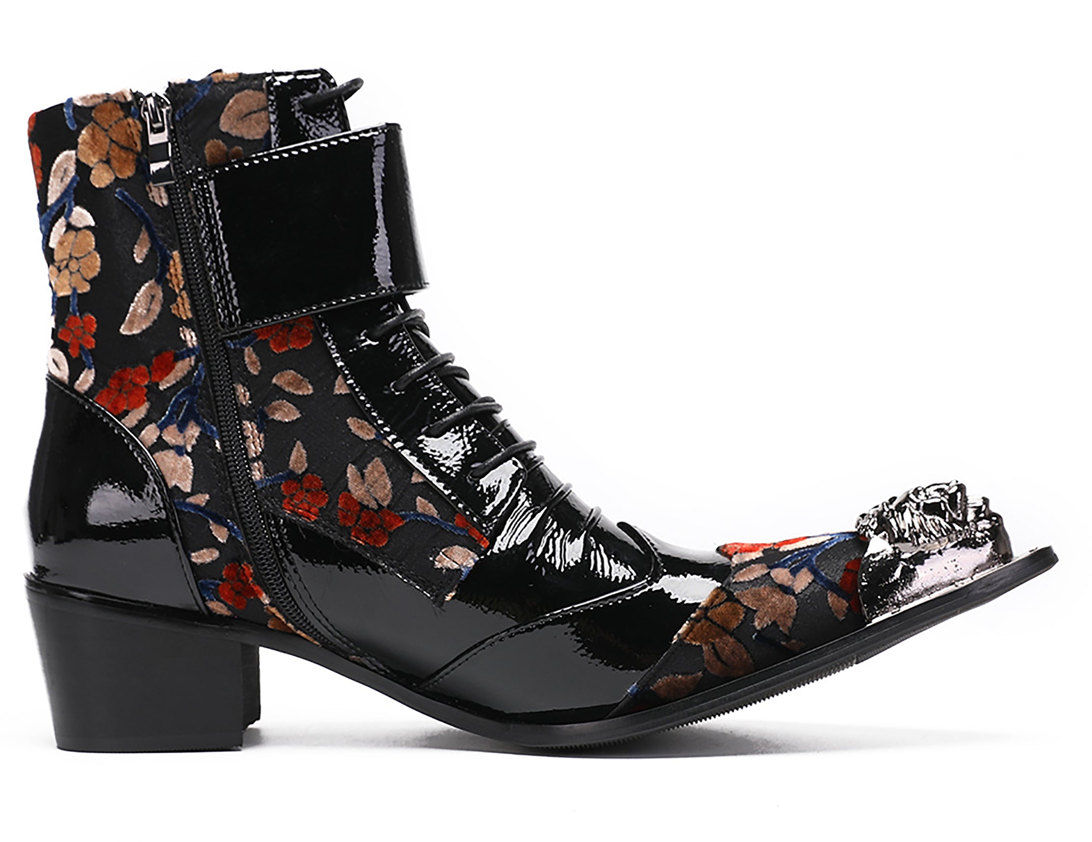 Mens Metal-Tip Toe Patent Leather Western Boots