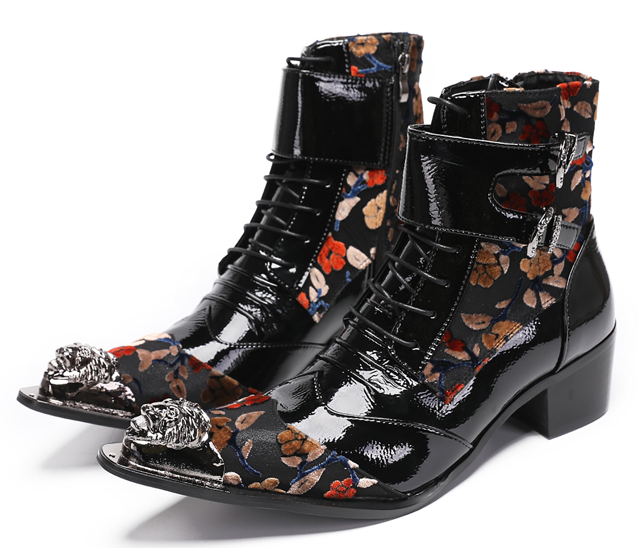 Mens Metal-Tip Toe Patent Leather Western Boots