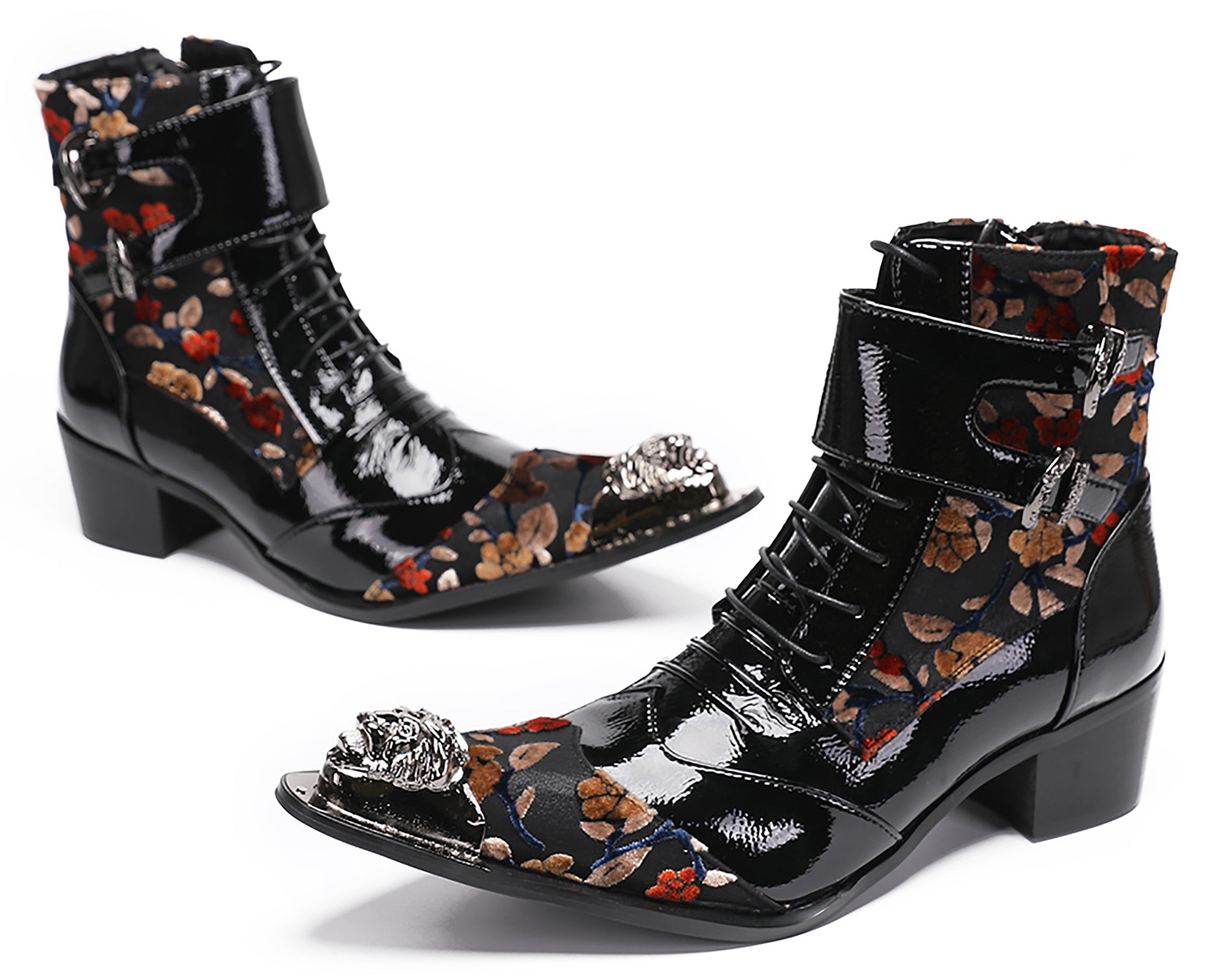 Mens Metal-Tip Toe Patent Leather Western Boots