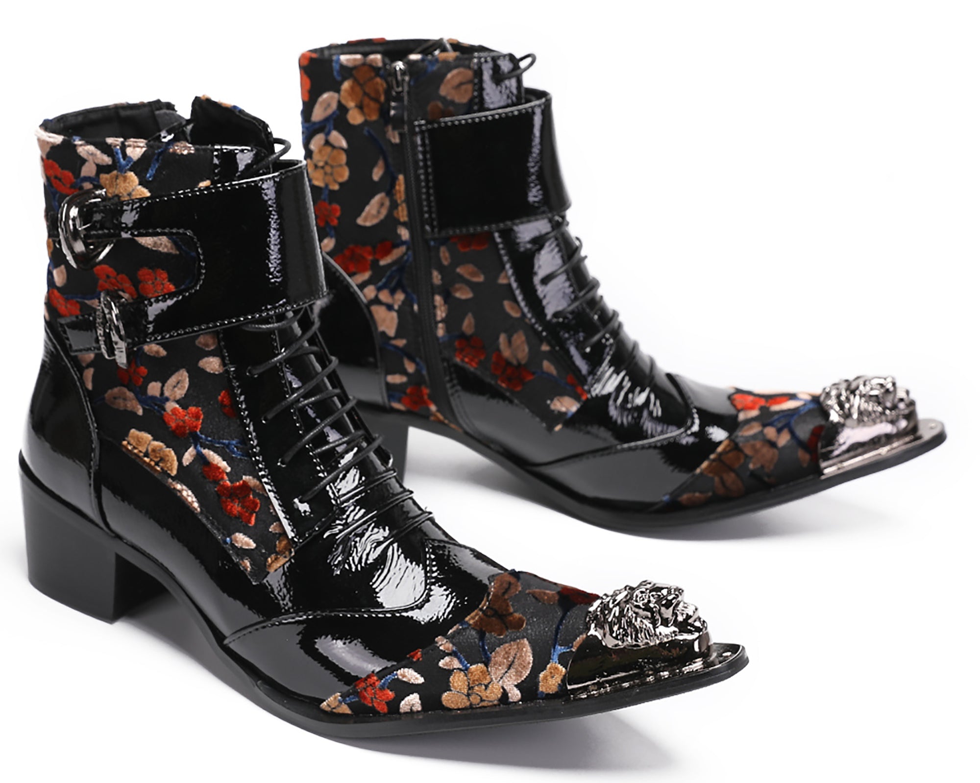 Mens Metal-Tip Toe Patent Leather Western Boots