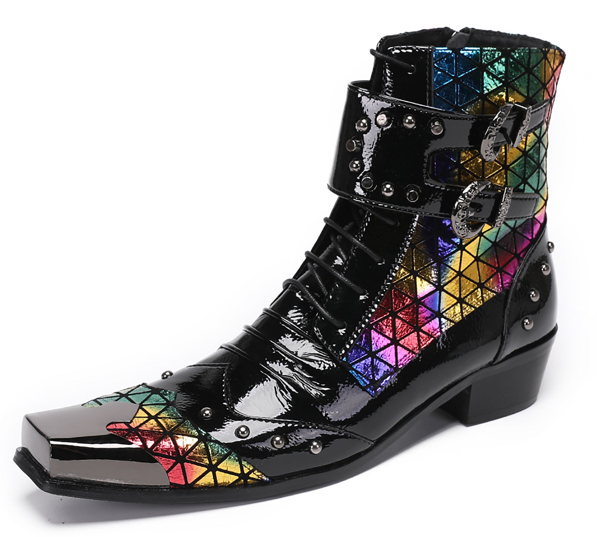 Mens Metal-Tip Square Patent Leather Western Boots