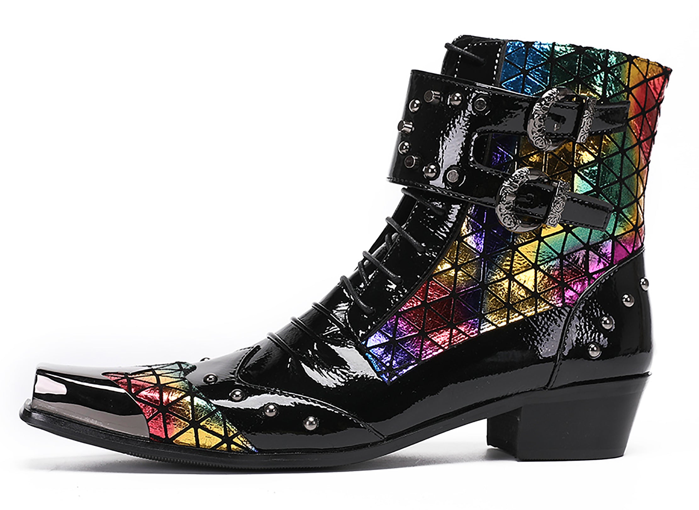 Mens Metal-Tip Square Patent Leather Western Boots