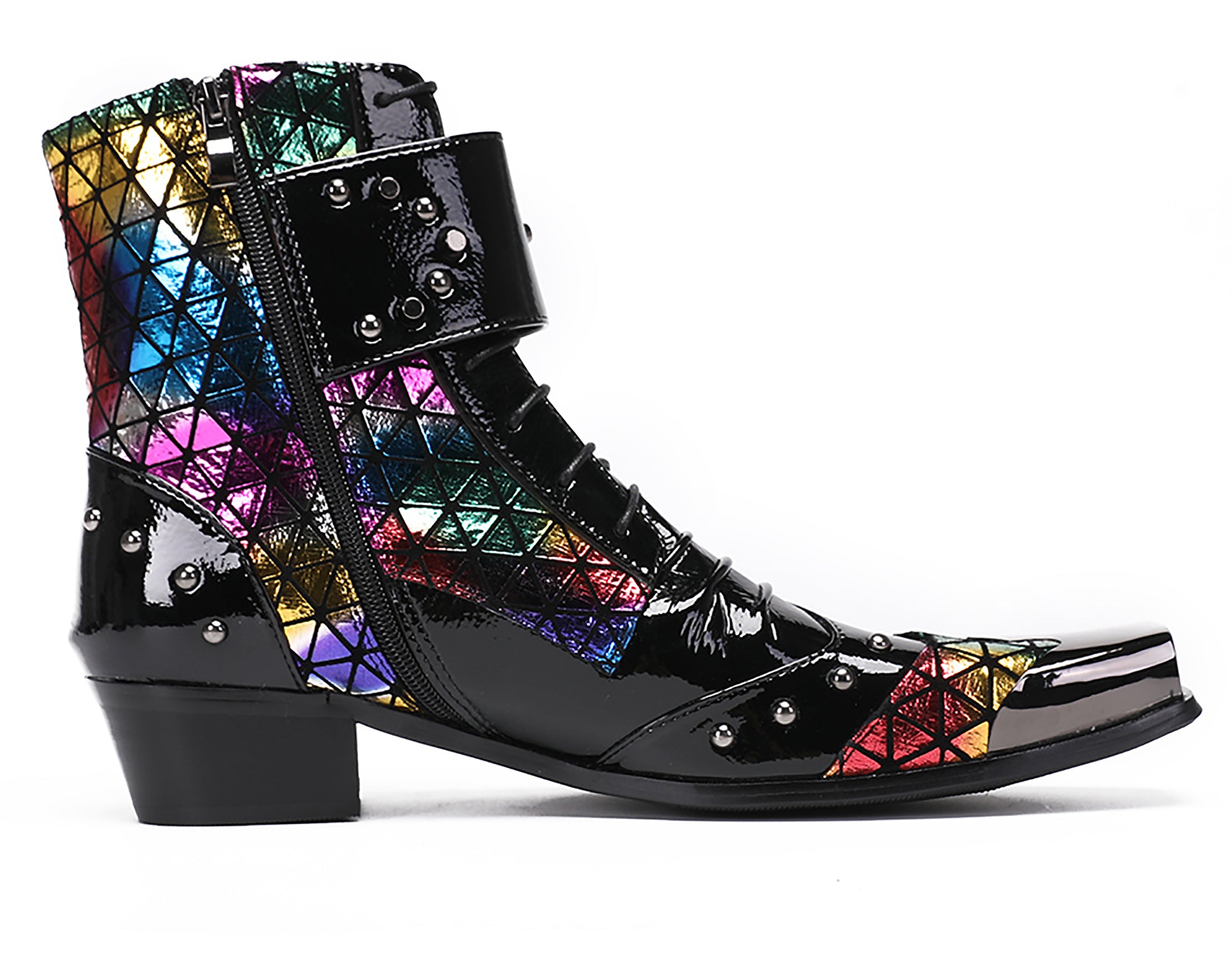 Mens Metal-Tip Square Patent Leather Western Boots