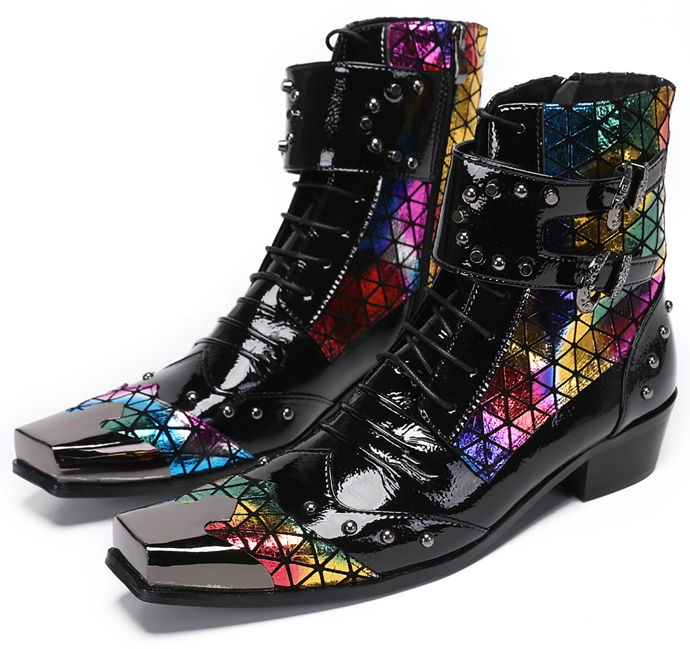 Mens Metal-Tip Square Patent Leather Western Boots