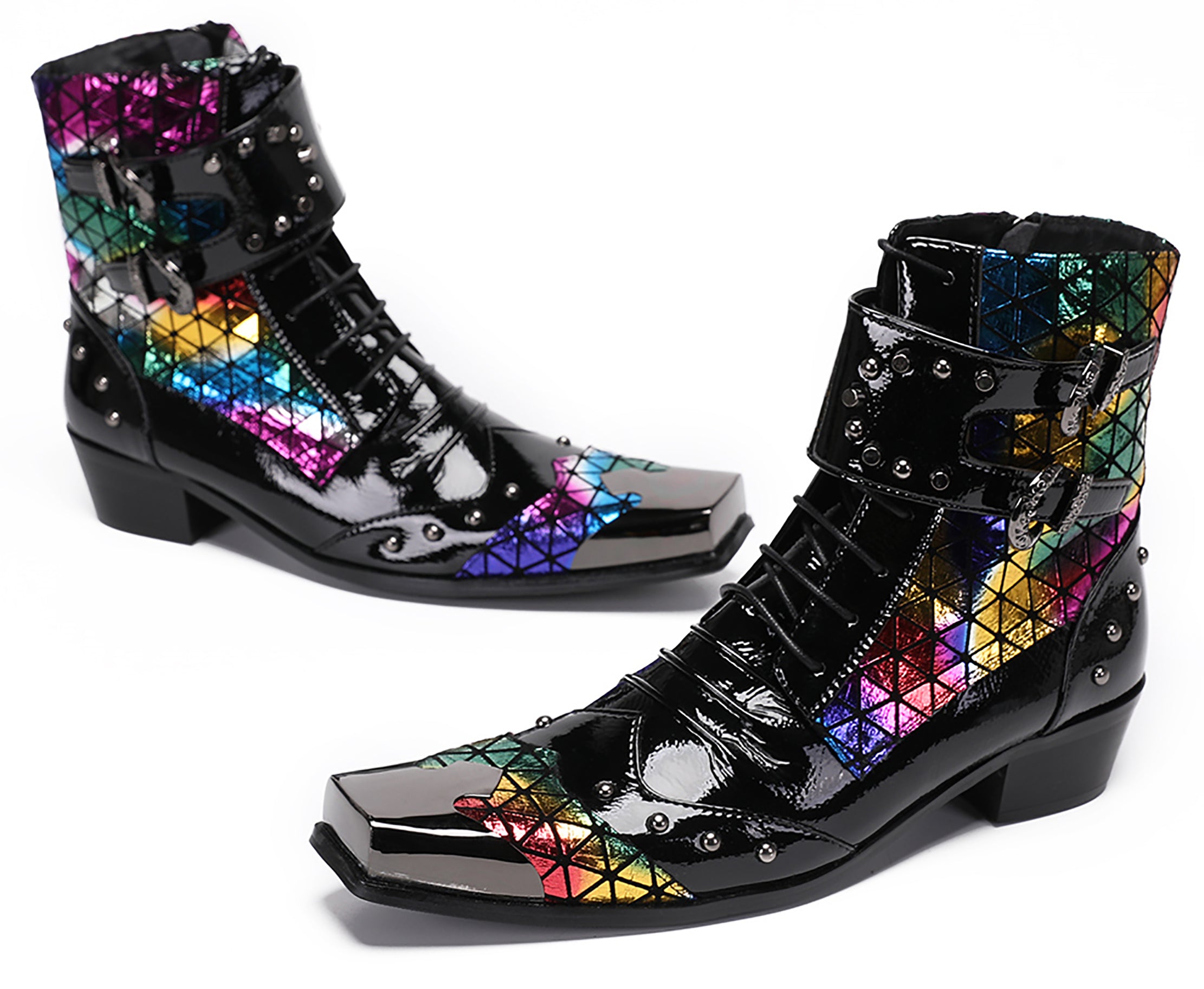Mens Metal-Tip Square Patent Leather Western Boots