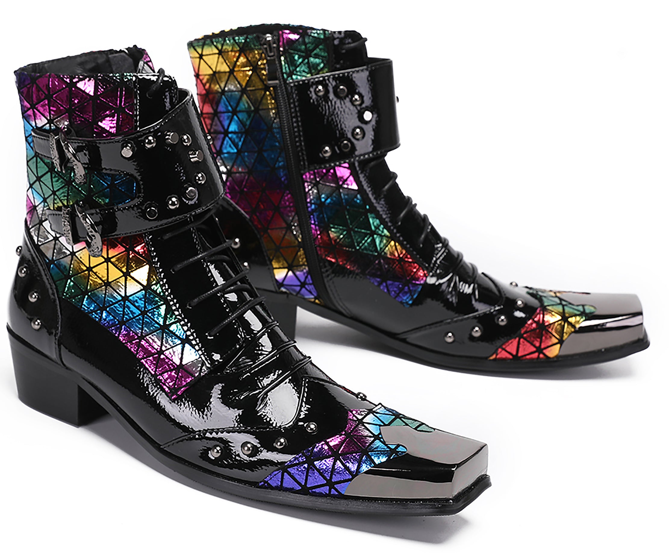 Mens Metal-Tip Square Patent Leather Western Boots