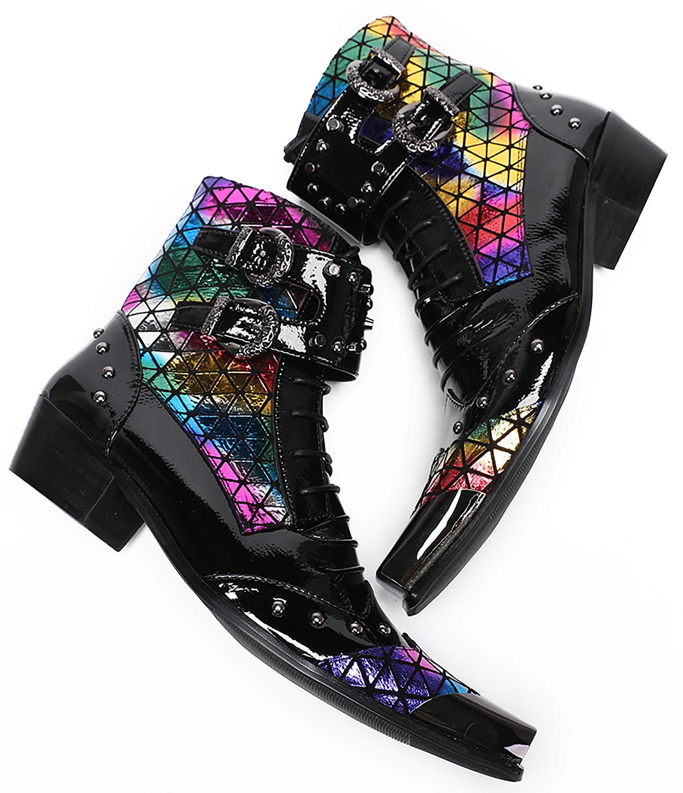 Mens Metal-Tip Square Patent Leather Western Boots