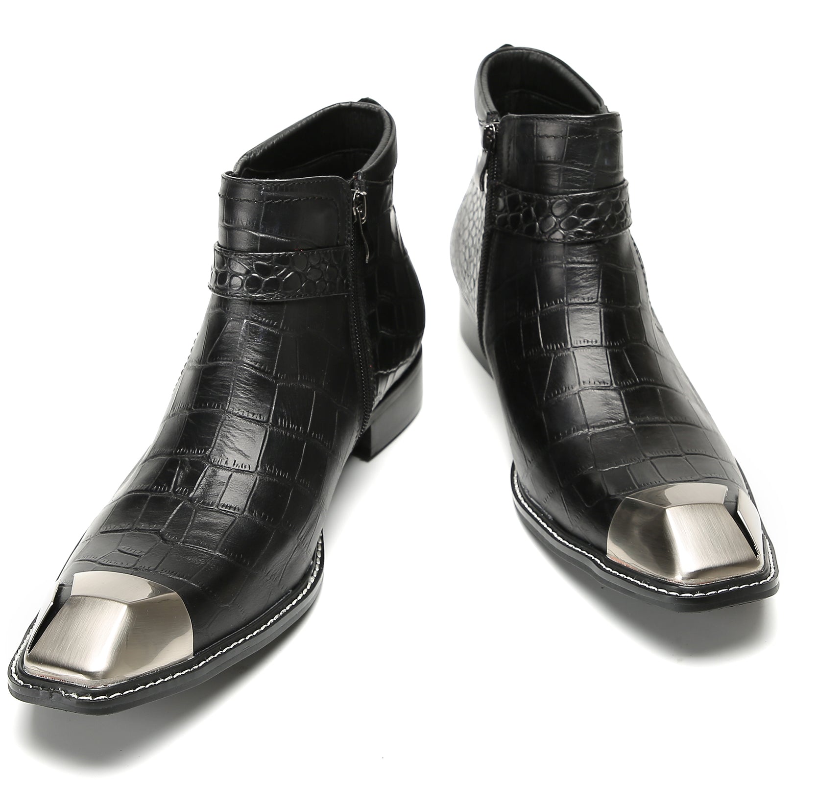 Men's Metal-Square Toe Zipper Buckle Western Boots