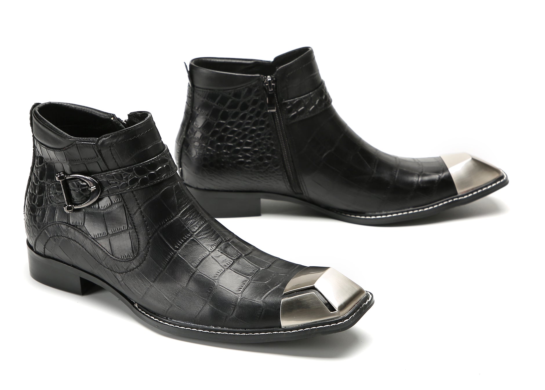 Men's Metal-Square Toe Zipper Buckle Western Boots