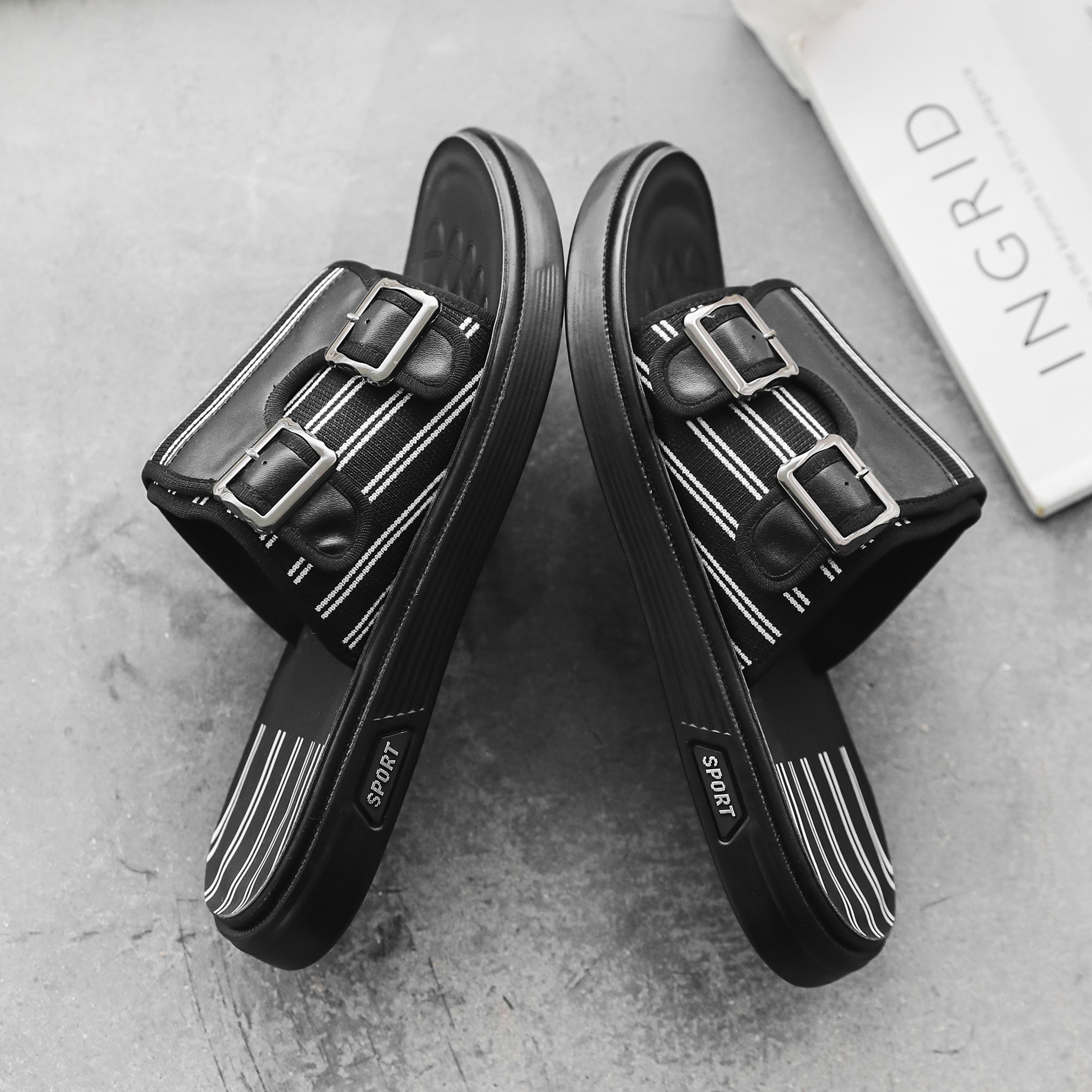 Men's Stripe Buckle Slides Black