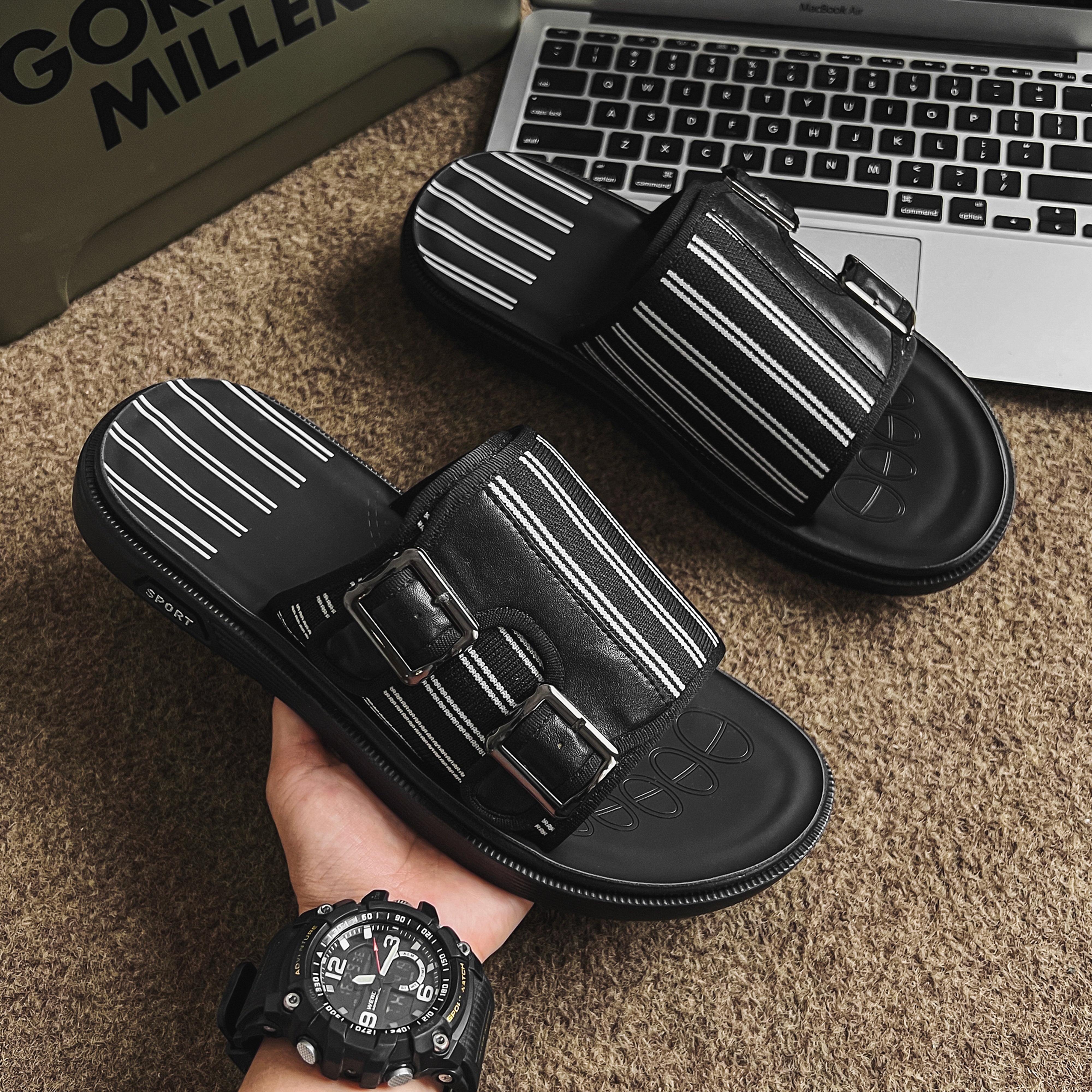 Men's Stripe Buckle Slides Black