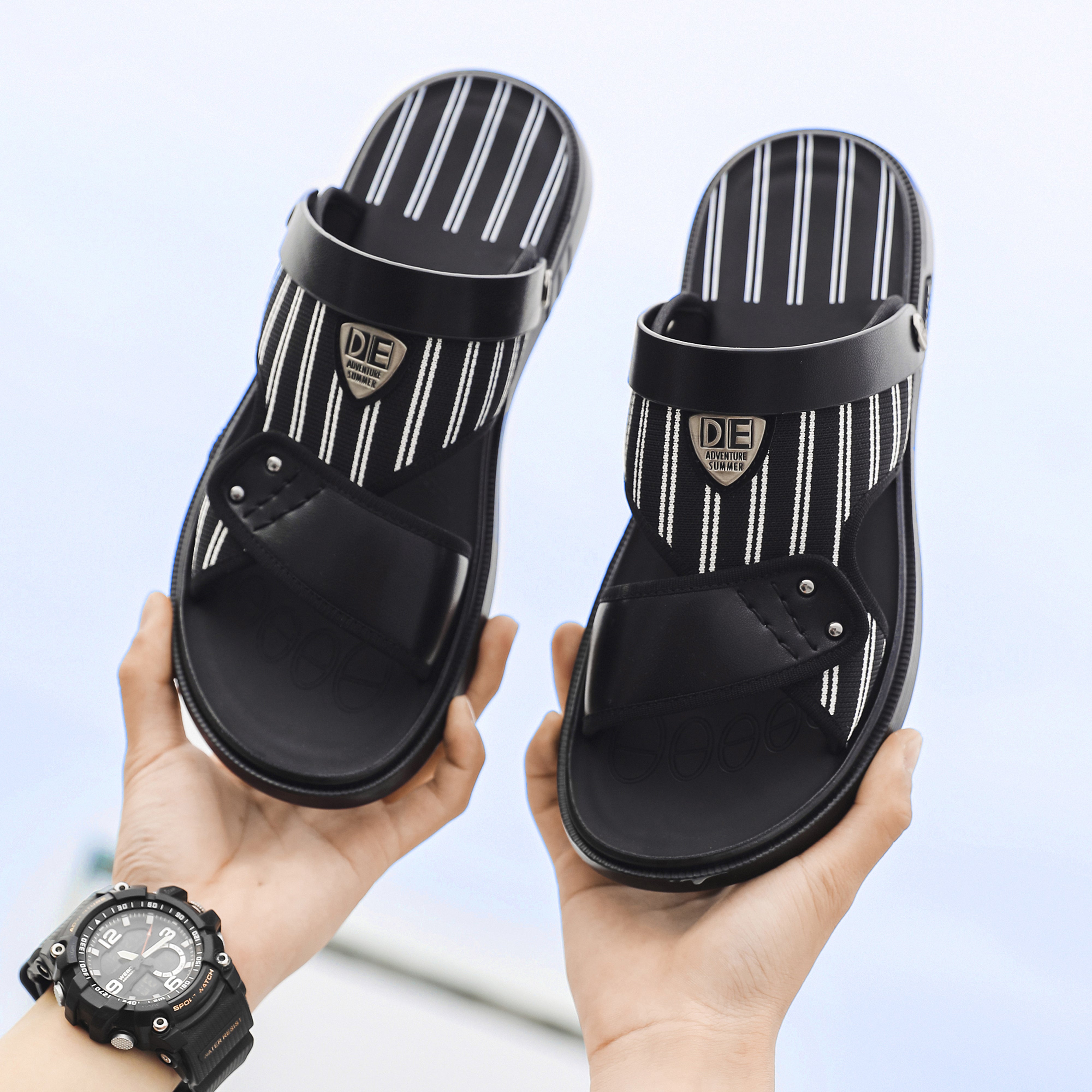 Correa trasera deslizante a rayas para hombre, color negro