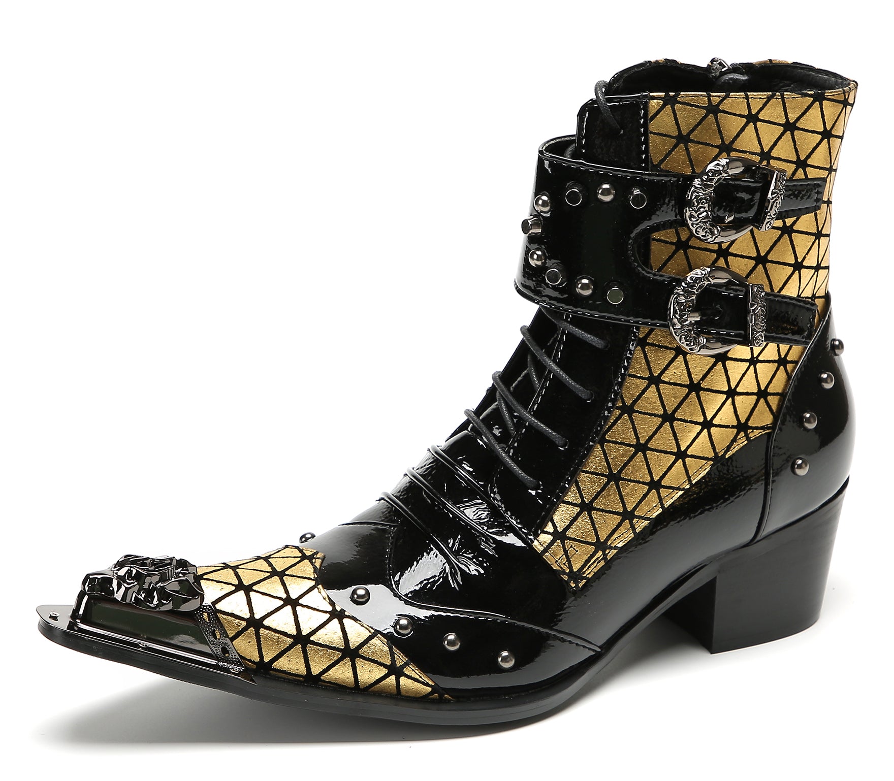 Men's Metal-Tip Toe Beaded Buckle Hight Top Western Boots
