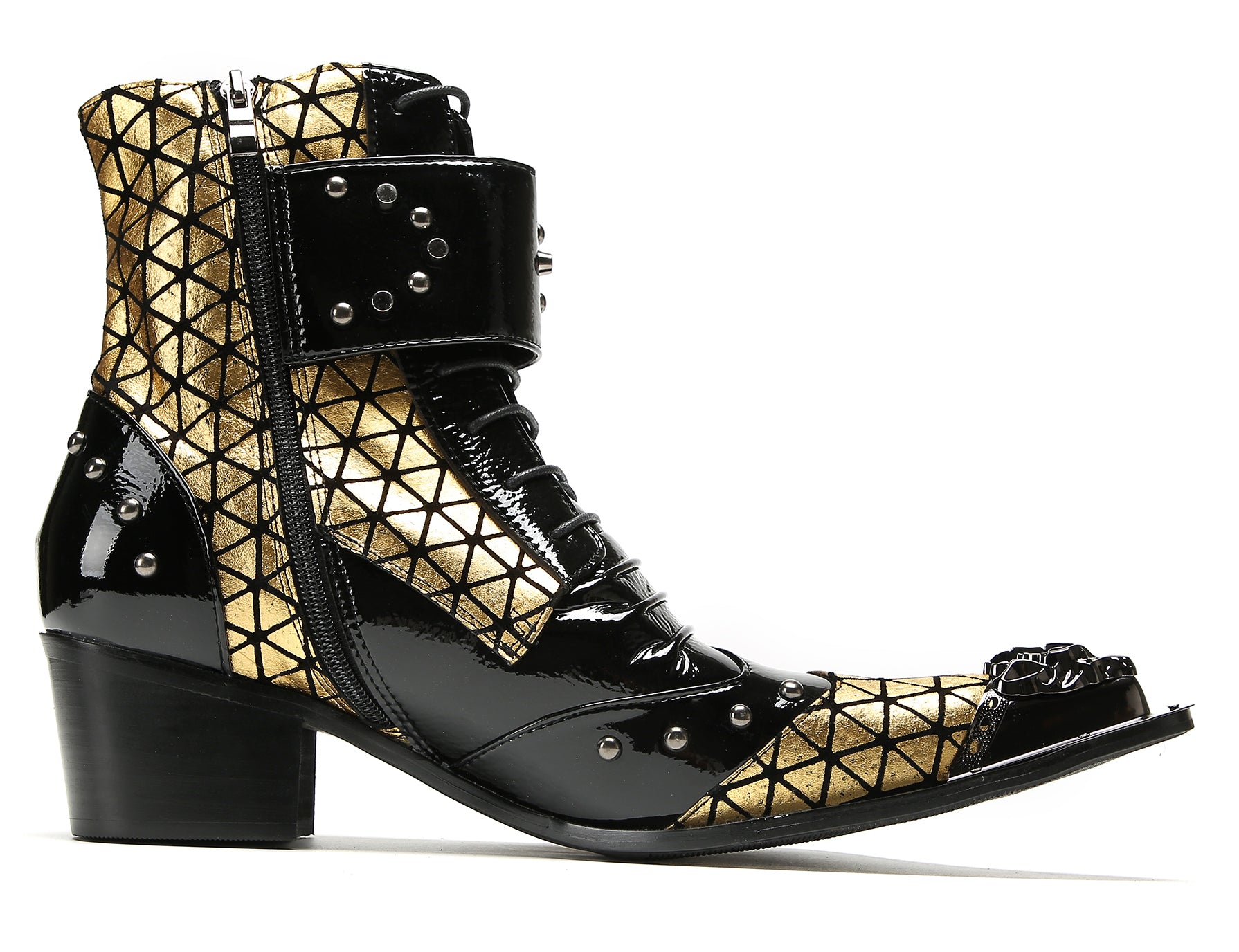Men's Metal-Tip Toe Beaded Buckle Hight Top Western Boots