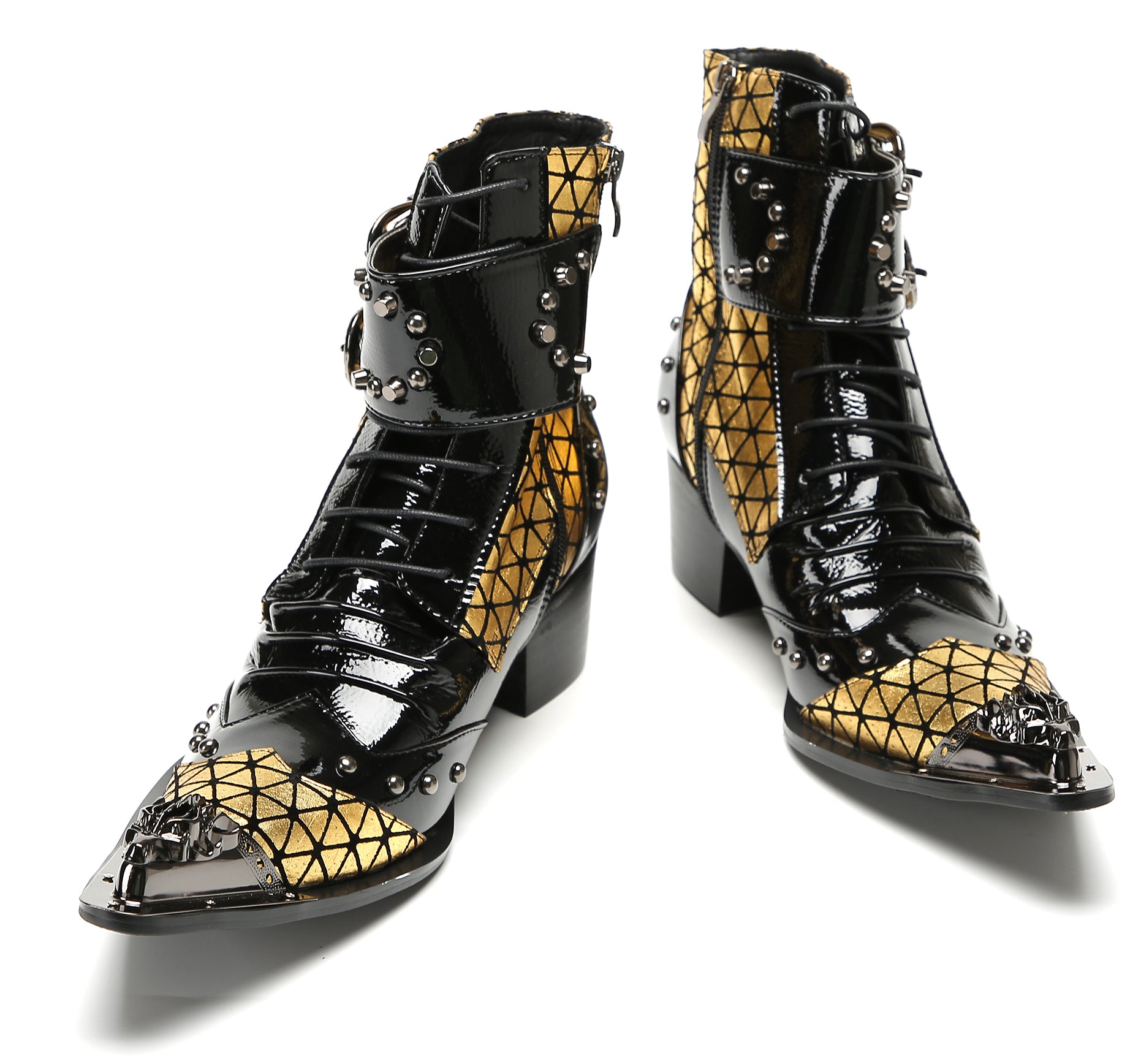 Men's Metal-Tip Toe Beaded Buckle Hight Top Western Boots