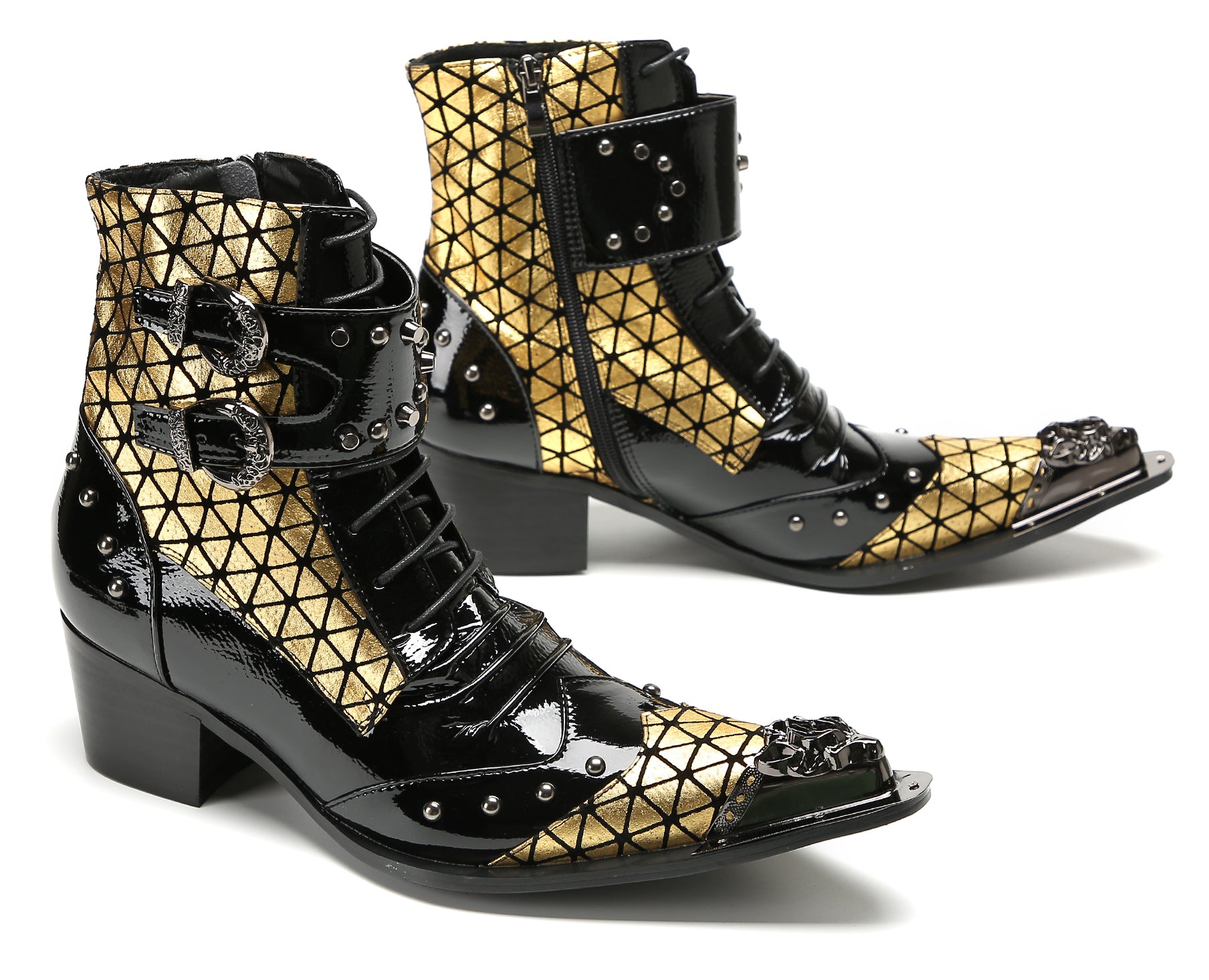 Men's Metal-Tip Toe Beaded Buckle Hight Top Western Boots