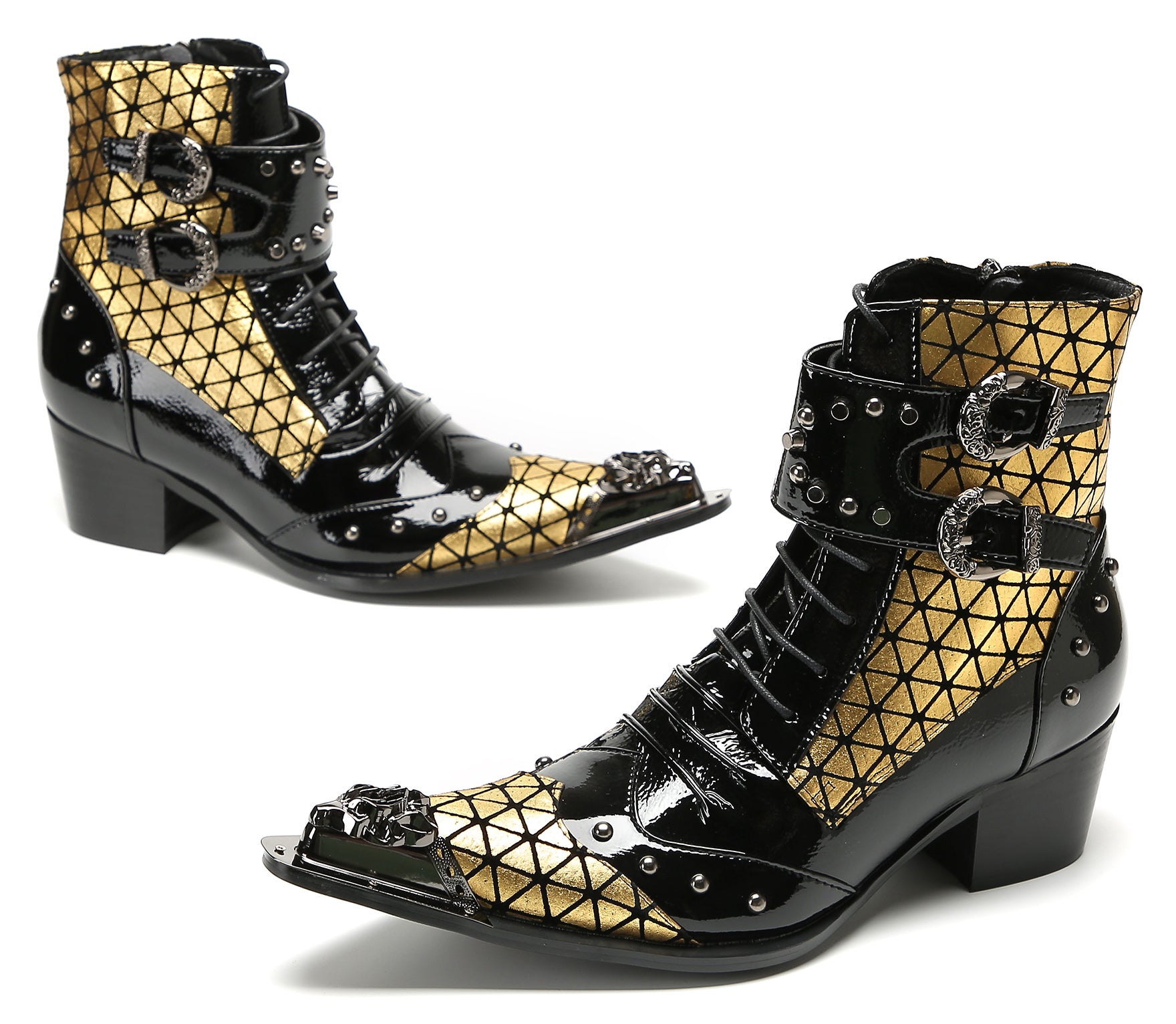 Men's Metal-Tip Toe Beaded Buckle Hight Top Western Boots