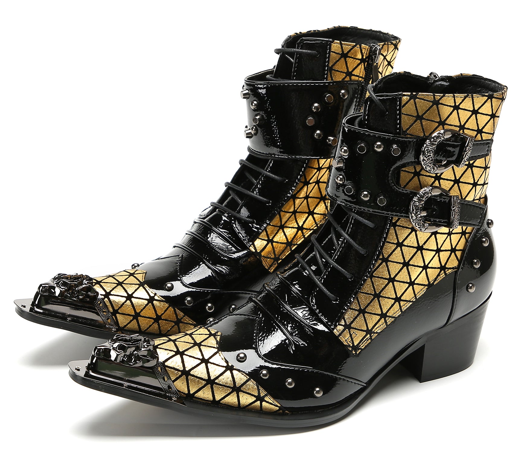 Men's Metal-Tip Toe Beaded Buckle Hight Top Western Boots