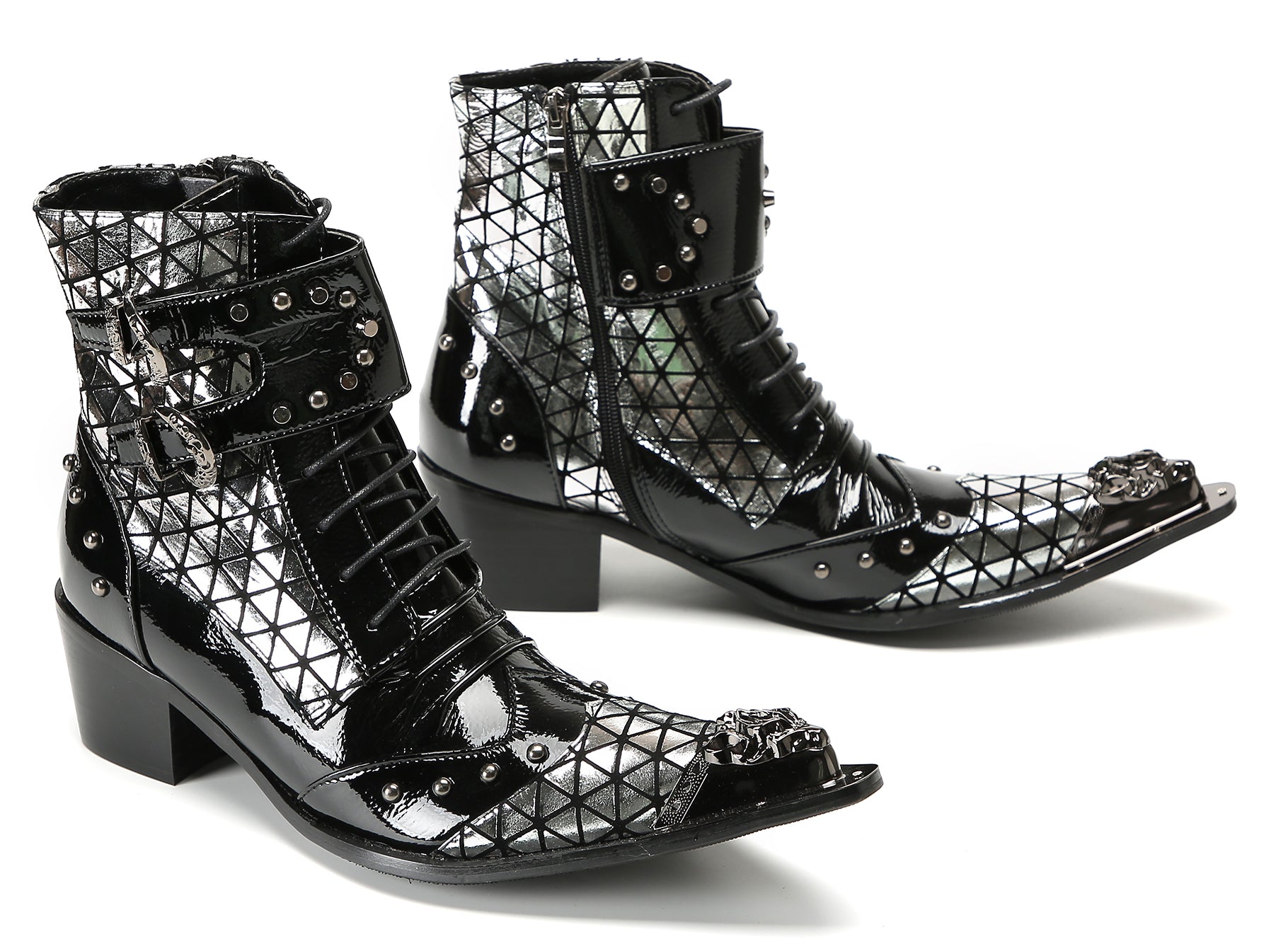 Men's Metal-Tip Toe Beaded Buckle Hight Top Western Boots
