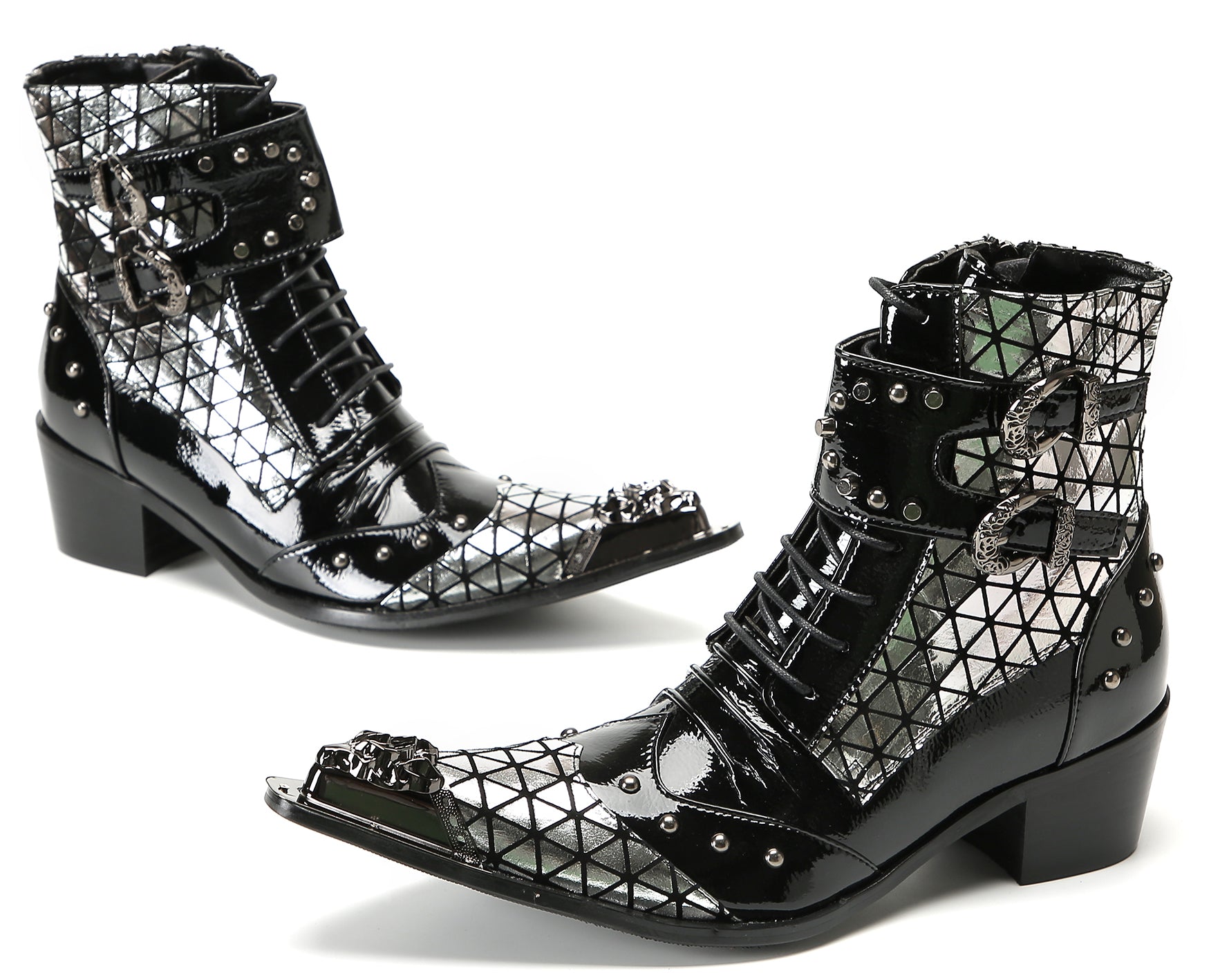 Men's Metal-Tip Toe Beaded Buckle Hight Top Western Boots