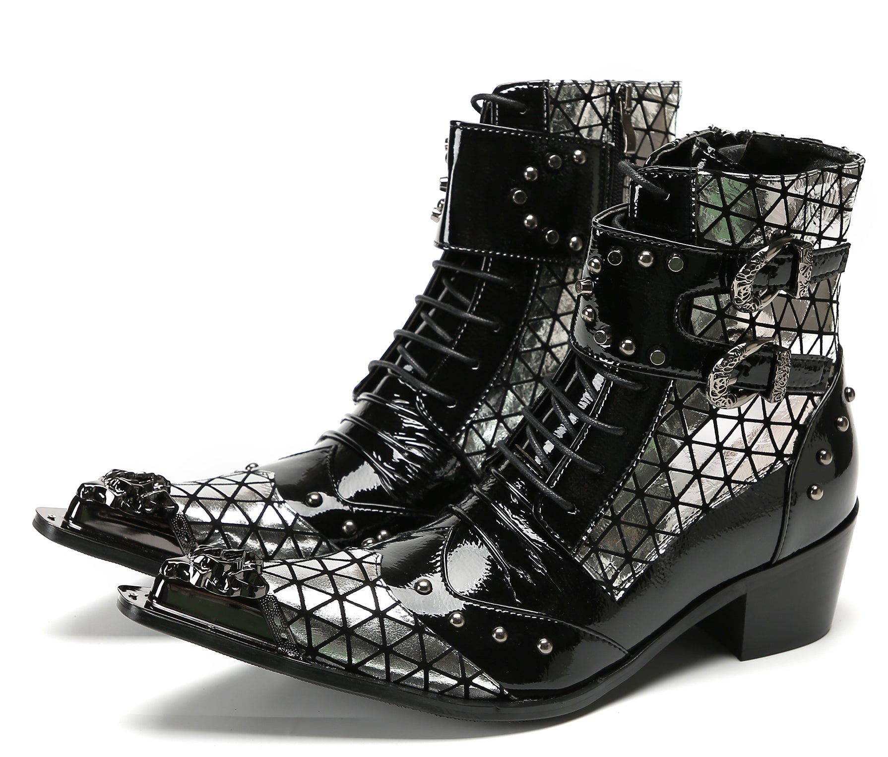Men's Metal-Tip Toe Beaded Buckle Hight Top Western Boots