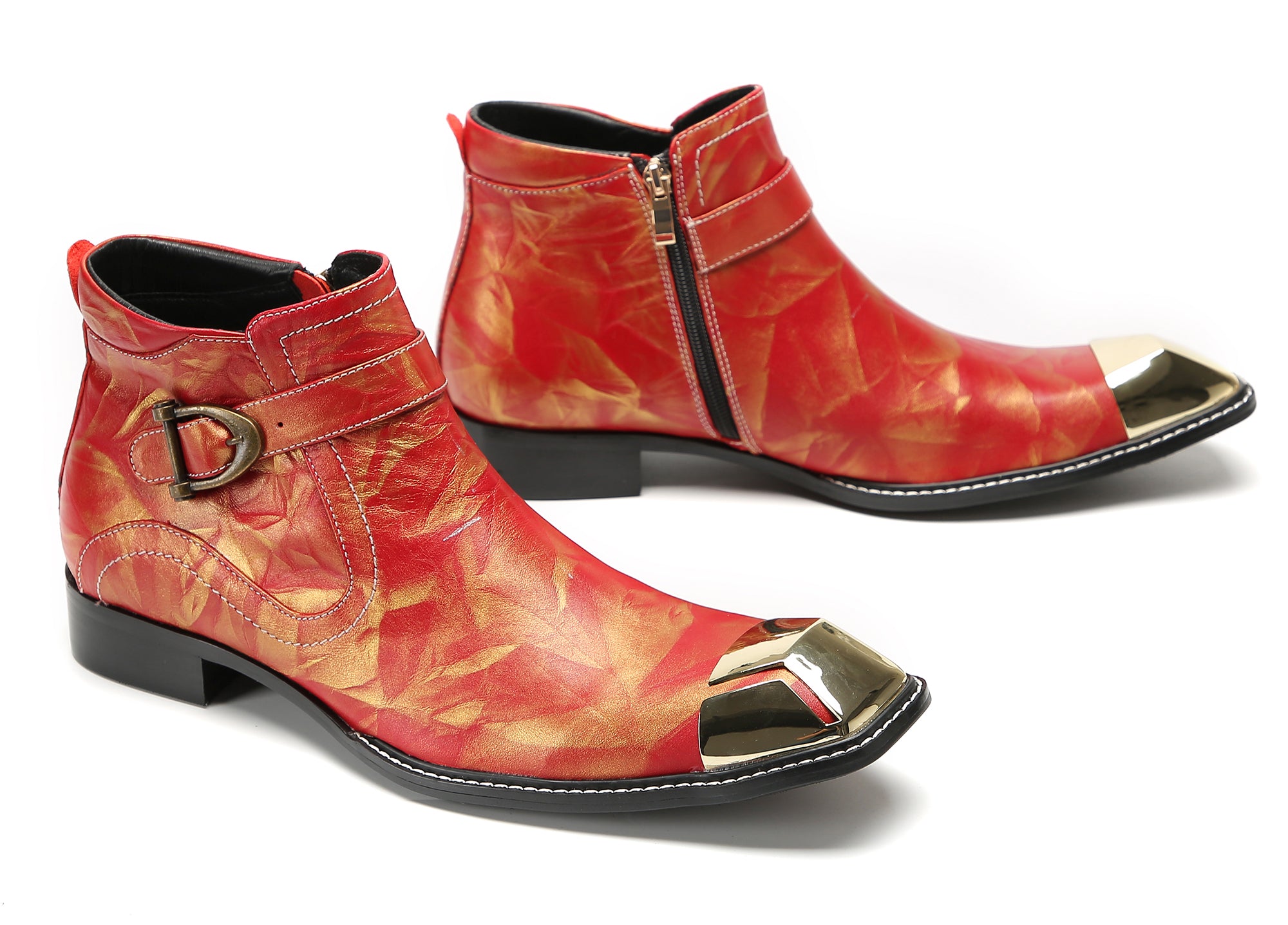 Men's Metal-Square Toe Zipper Buckle Western Boots