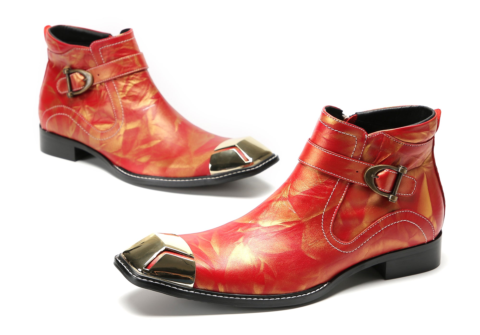 Men's Metal-Square Toe Zipper Buckle Western Boots