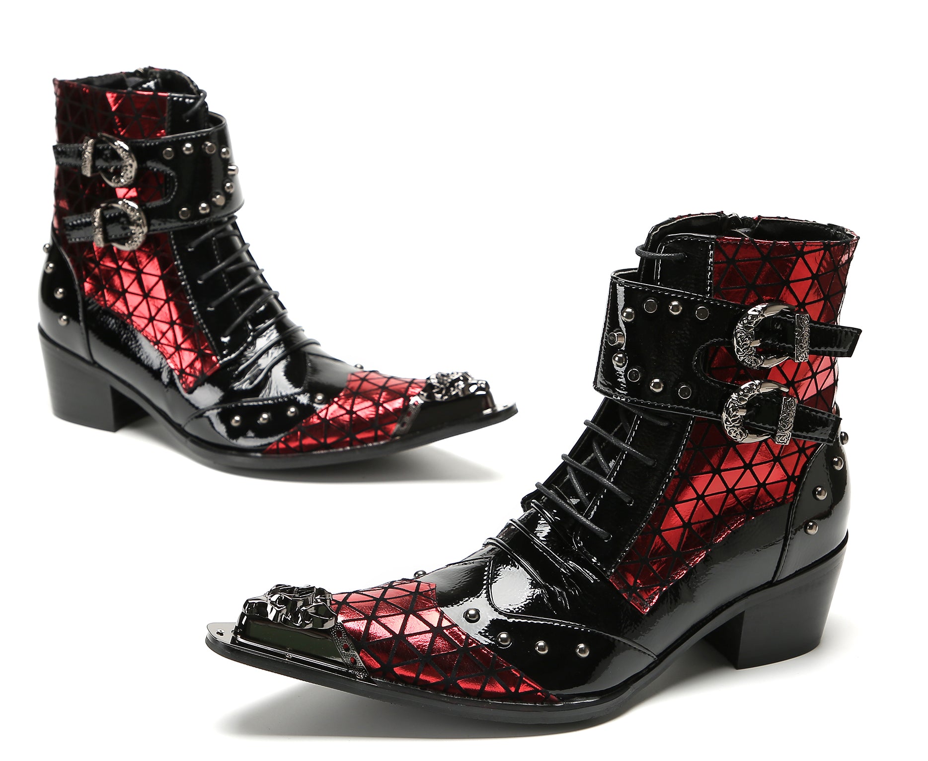 Men's Metal-Tip Toe Beaded Buckle Hight Top Western Boots
