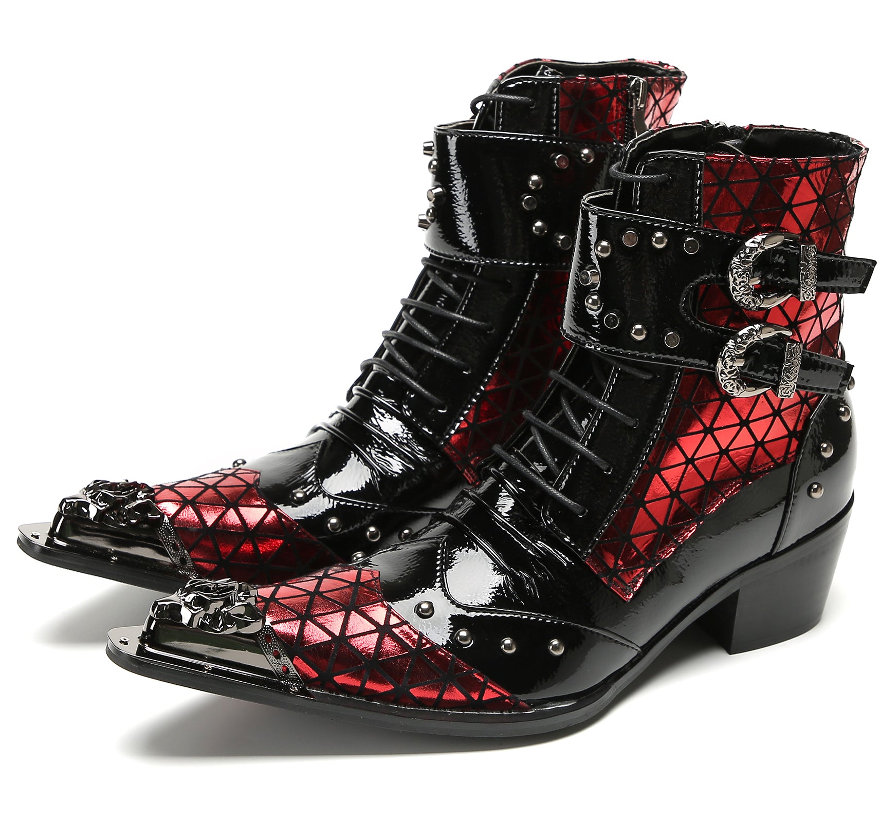 Men's Metal-Tip Toe Beaded Buckle Hight Top Western Boots