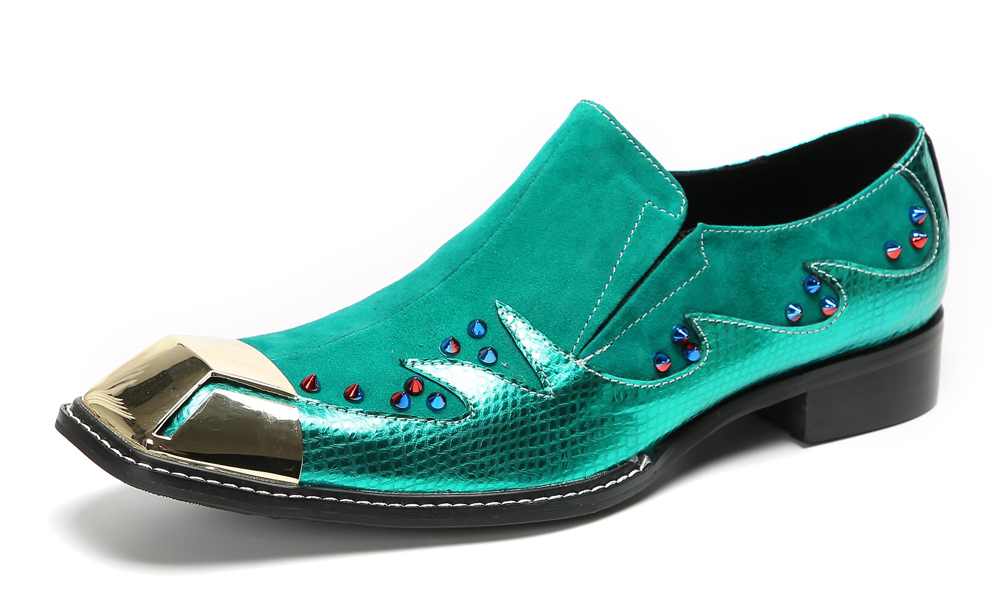 Men's Metal-Square Toe Beaded Suede Western Loafers