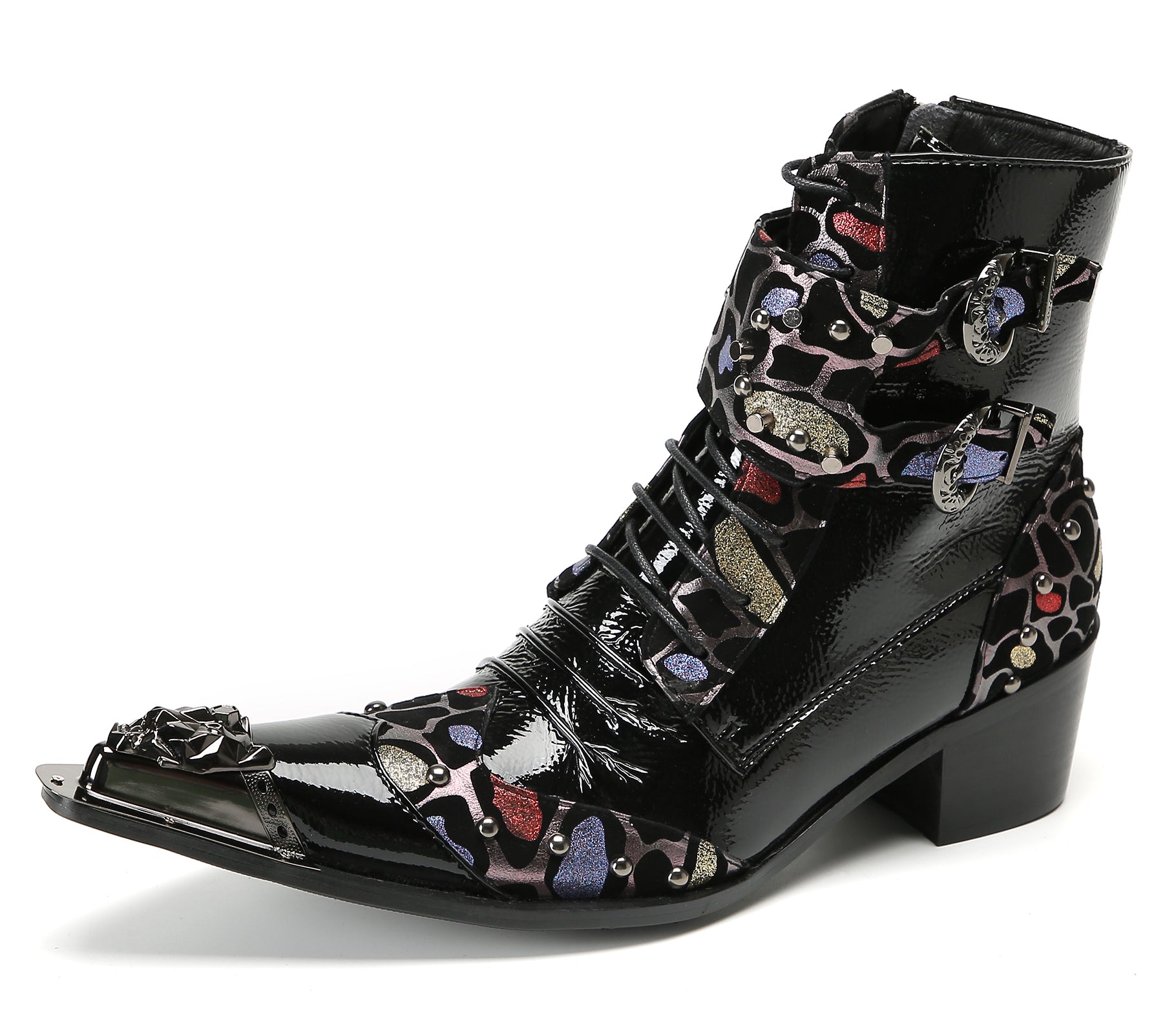 Men's Metal-Tip Toe Beaded Buckle Hight Top Western Boots