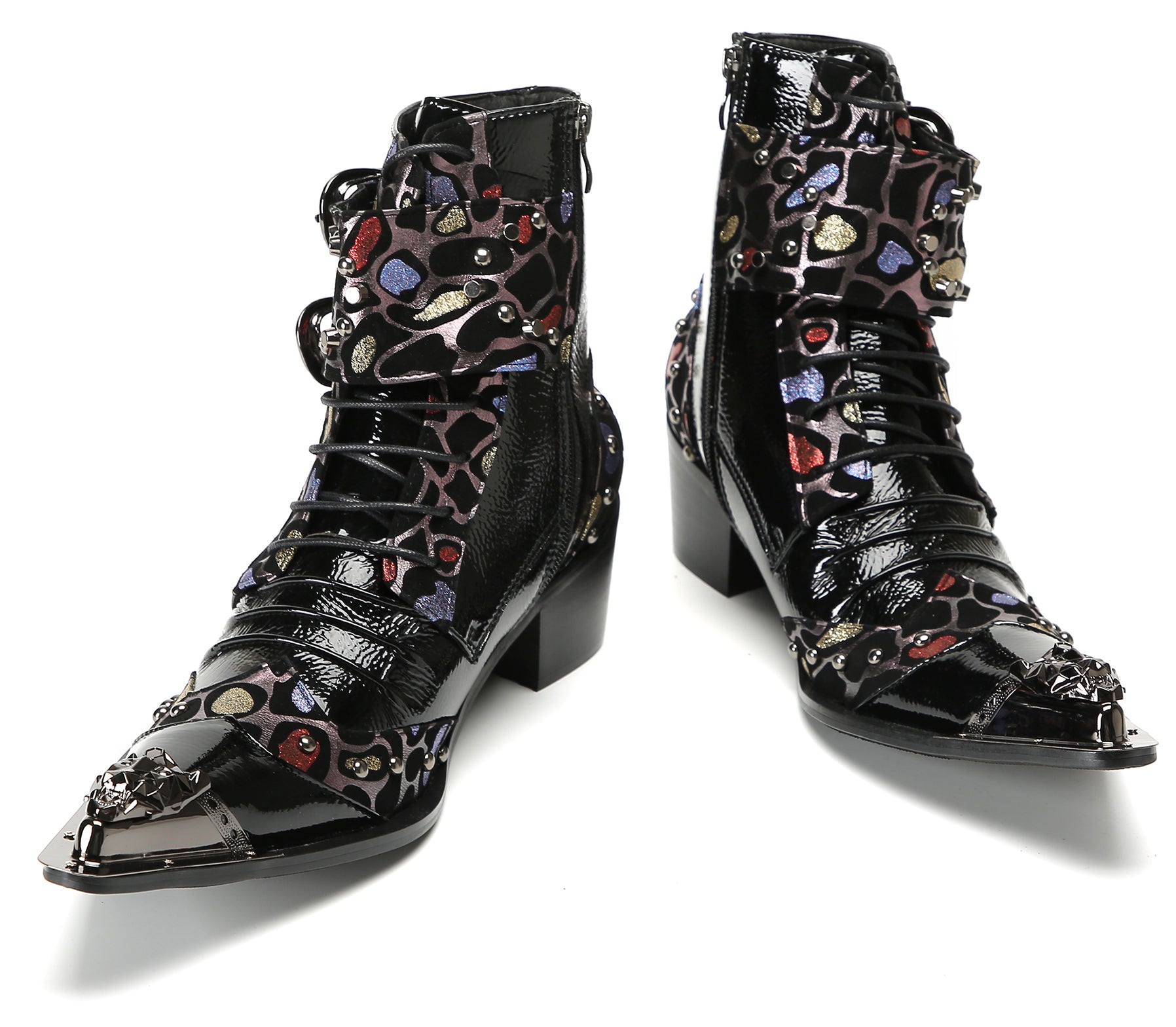 Men's Metal-Tip Toe Beaded Buckle Hight Top Western Boots