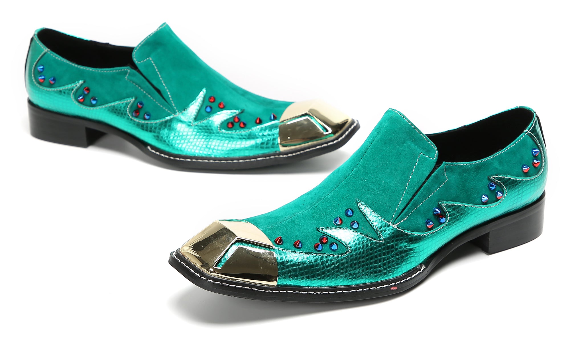 Men's Metal-Square Toe Beaded Suede Western Loafers