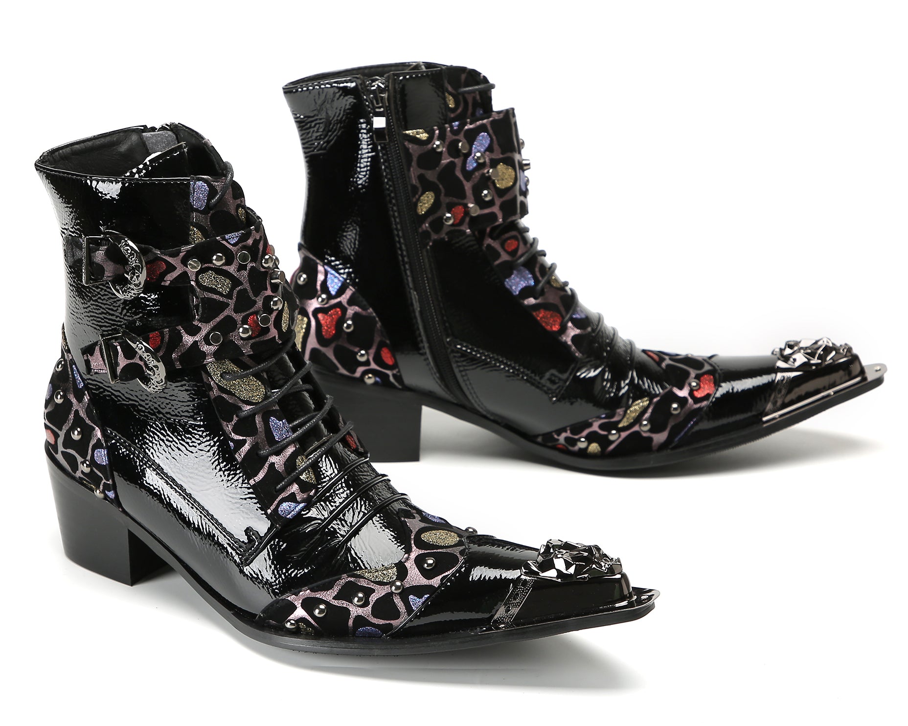 Men's Metal-Tip Toe Beaded Buckle Hight Top Western Boots