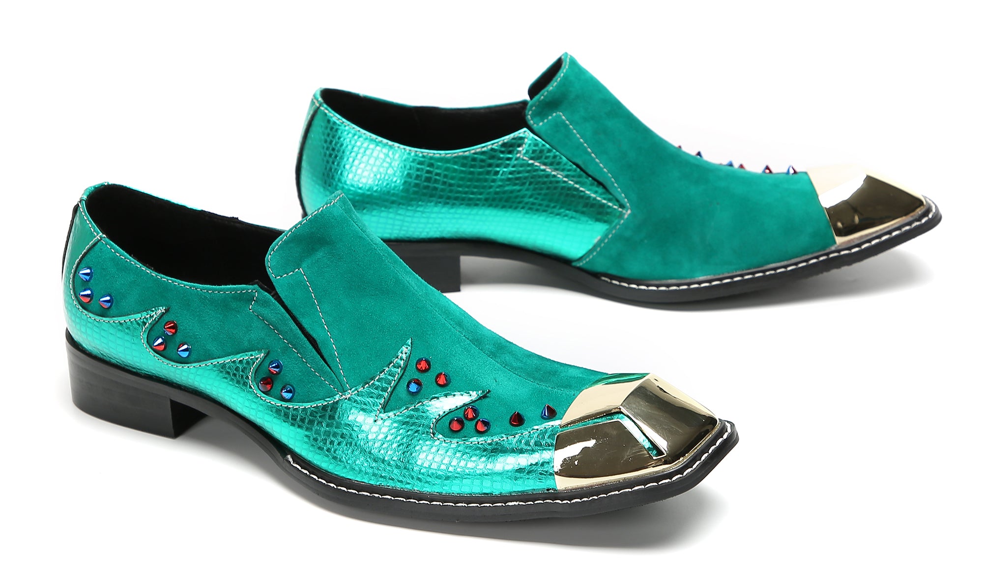Men's Metal-Square Toe Beaded Suede Western Loafers