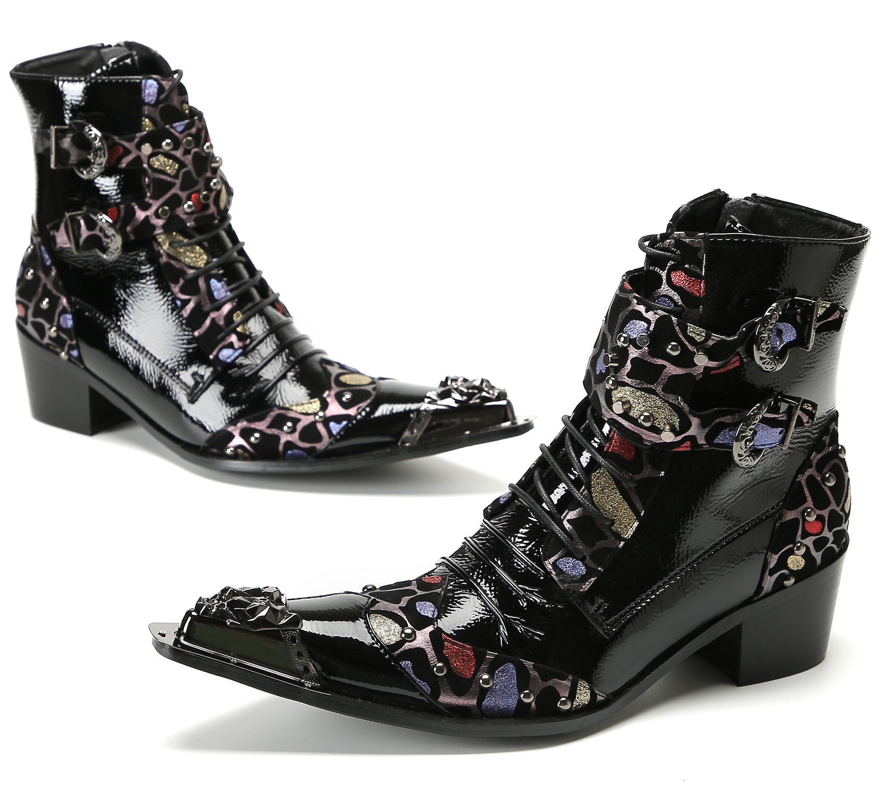 Men's Metal-Tip Toe Beaded Buckle Hight Top Western Boots