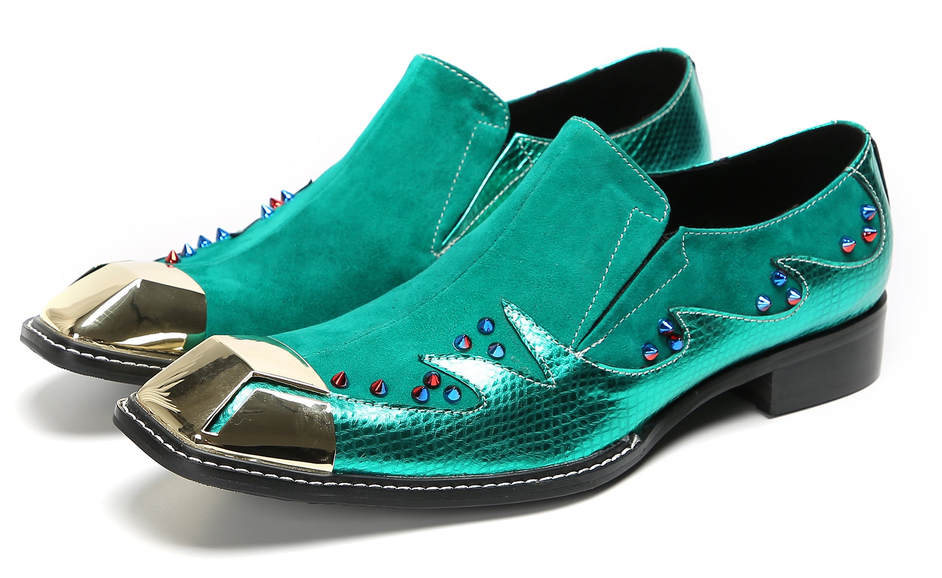 Men's Metal-Square Toe Beaded Suede Western Loafers